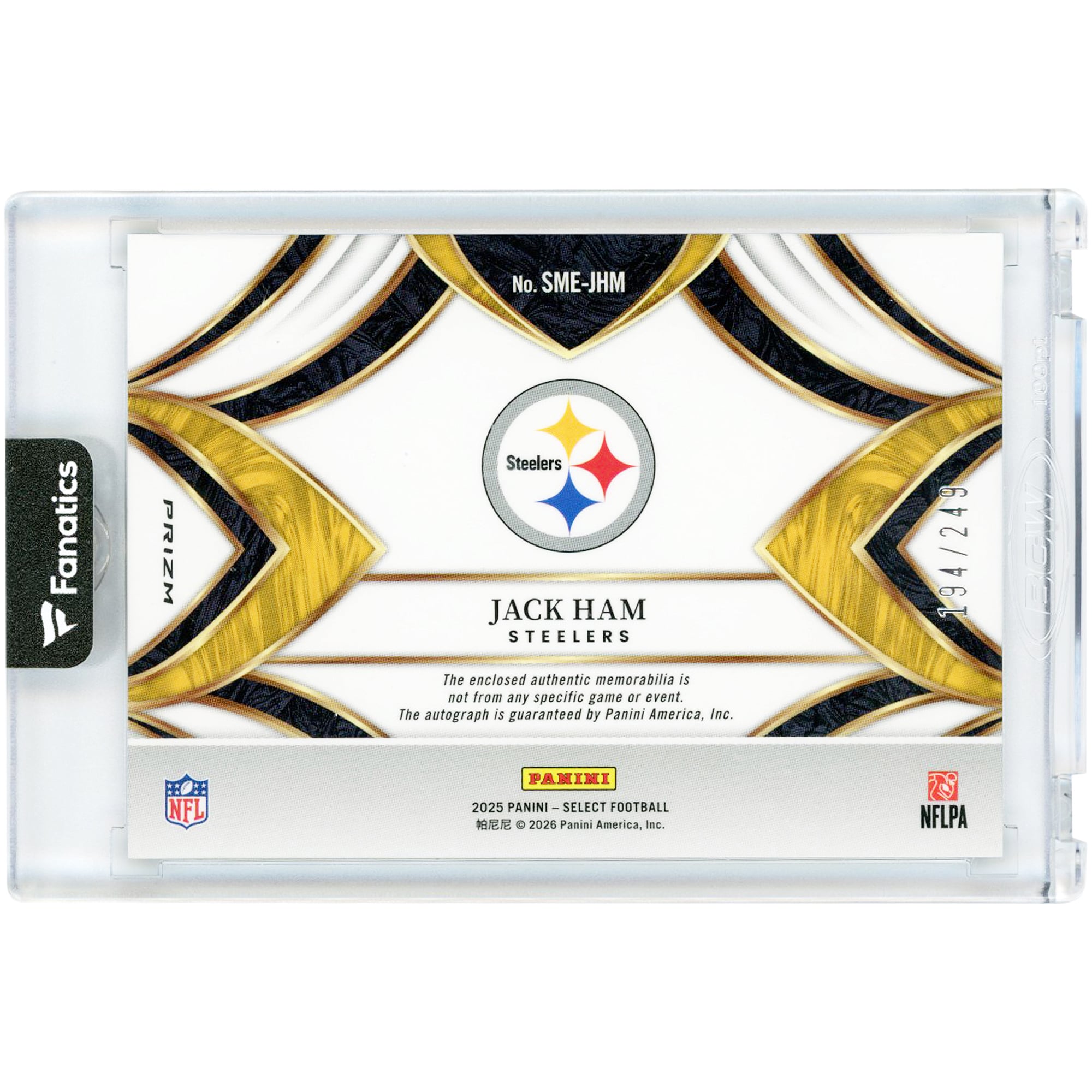 Jack Ham Pittsburgh Steelers Autographed 2025 Panini Select Signature Memorabilia Jersey Relic #SME-JHM #194/249 Card