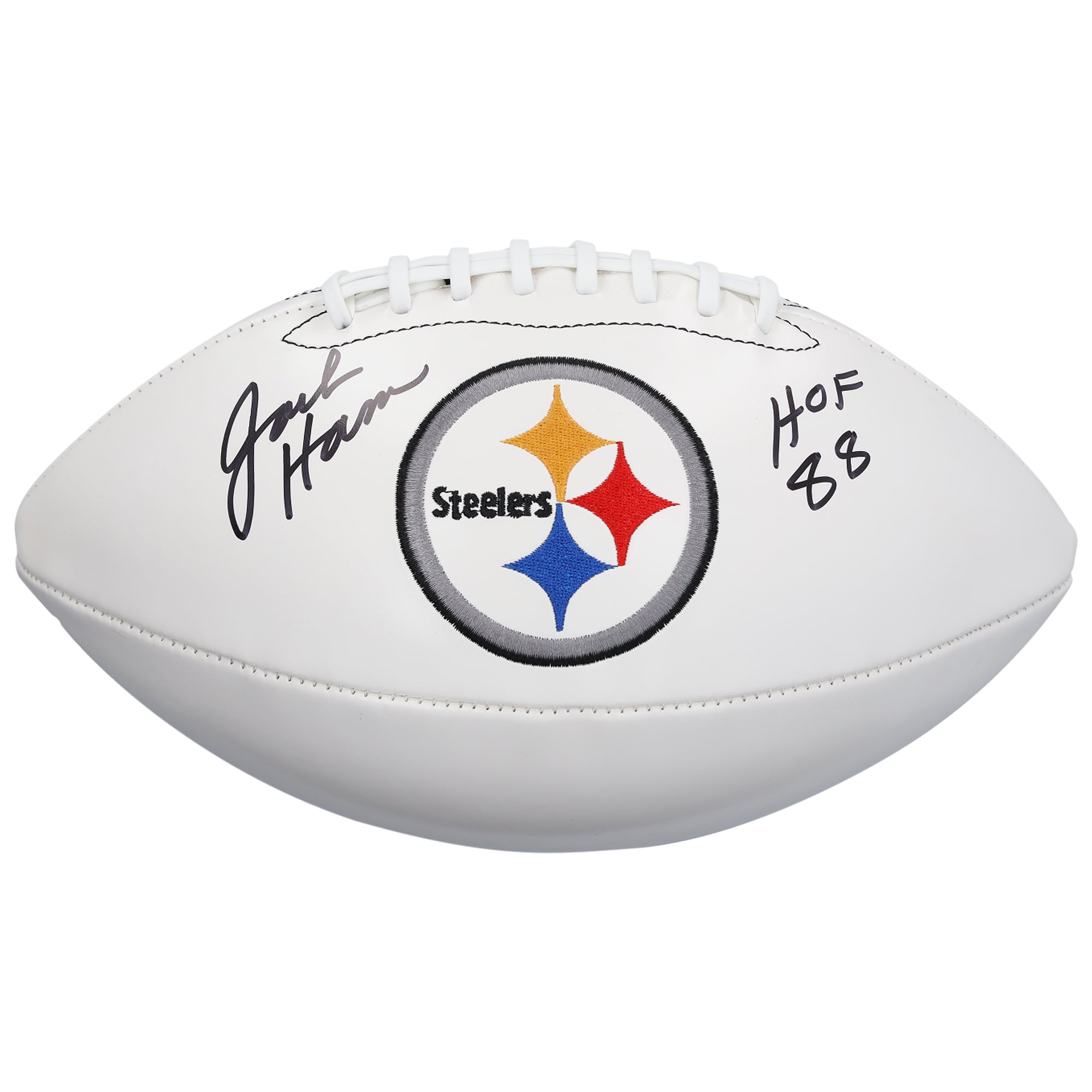 Ballon de football américain Wilson White Panel autographié par Jack Ham des Steelers de Pittsburgh avec inscription « HOF 88 »