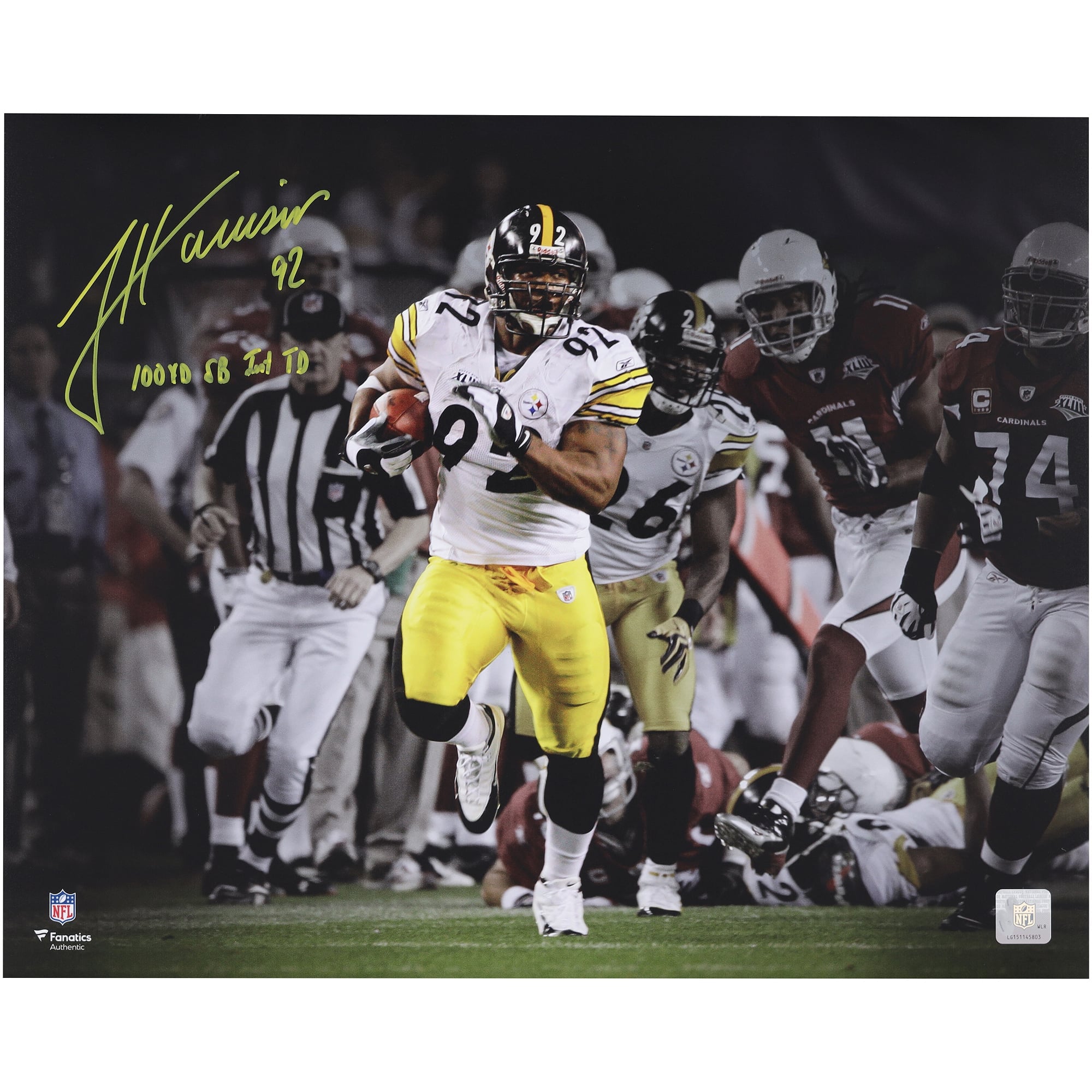 Photo dédicacée de James Harrison (Pittsburgh Steelers) - 40,6 x 50,8 cm (16 x 20 pouces) - Super Bowl XLIII - Interception pour un touchdown, avec inscription « 100 yards, interception, touchdown ».