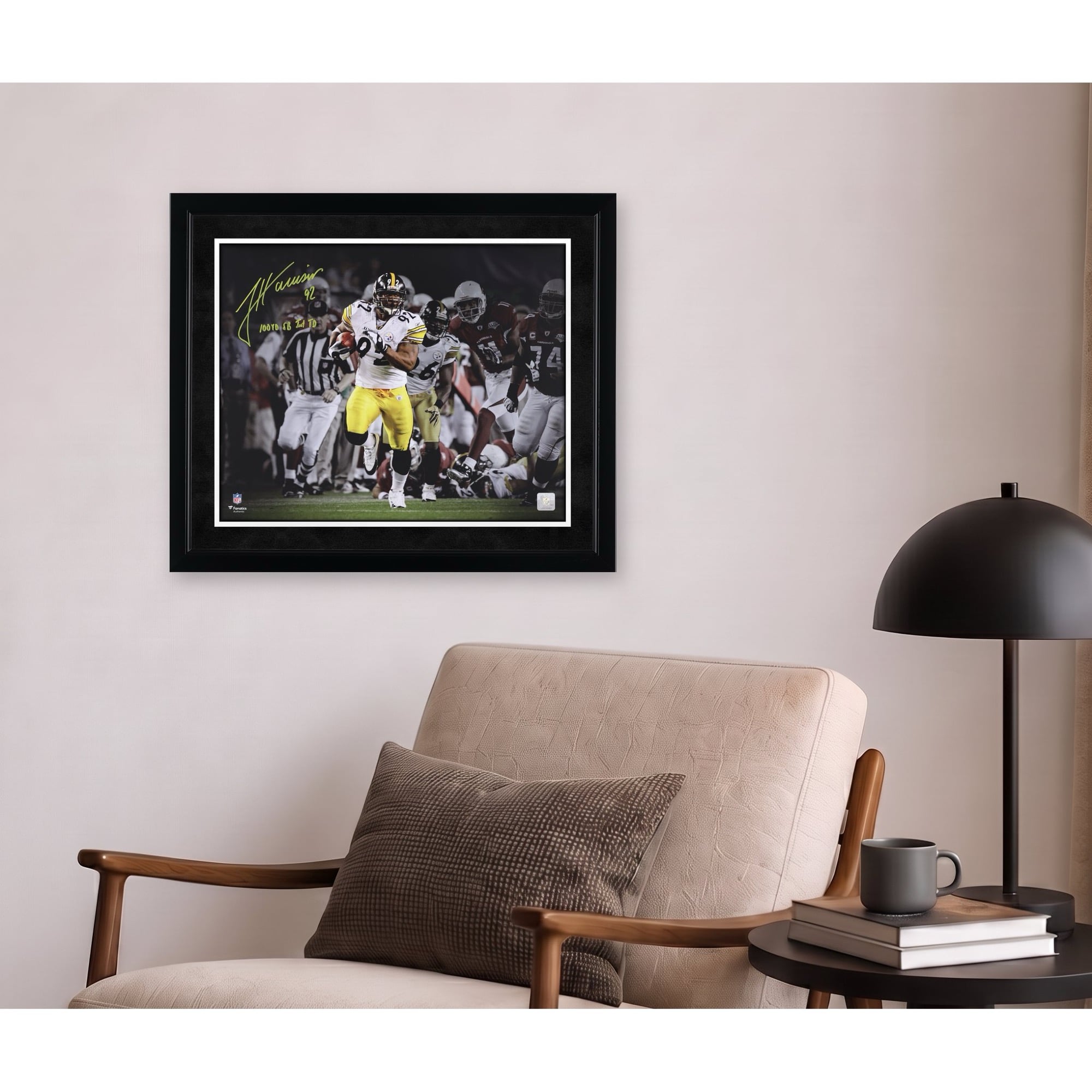 Photo dédicacée de James Harrison (Pittsburgh Steelers) - 40,6 x 50,8 cm (16 x 20 pouces) - Super Bowl XLIII - Interception pour un touchdown, avec inscription « 100 yards, interception, touchdown ».