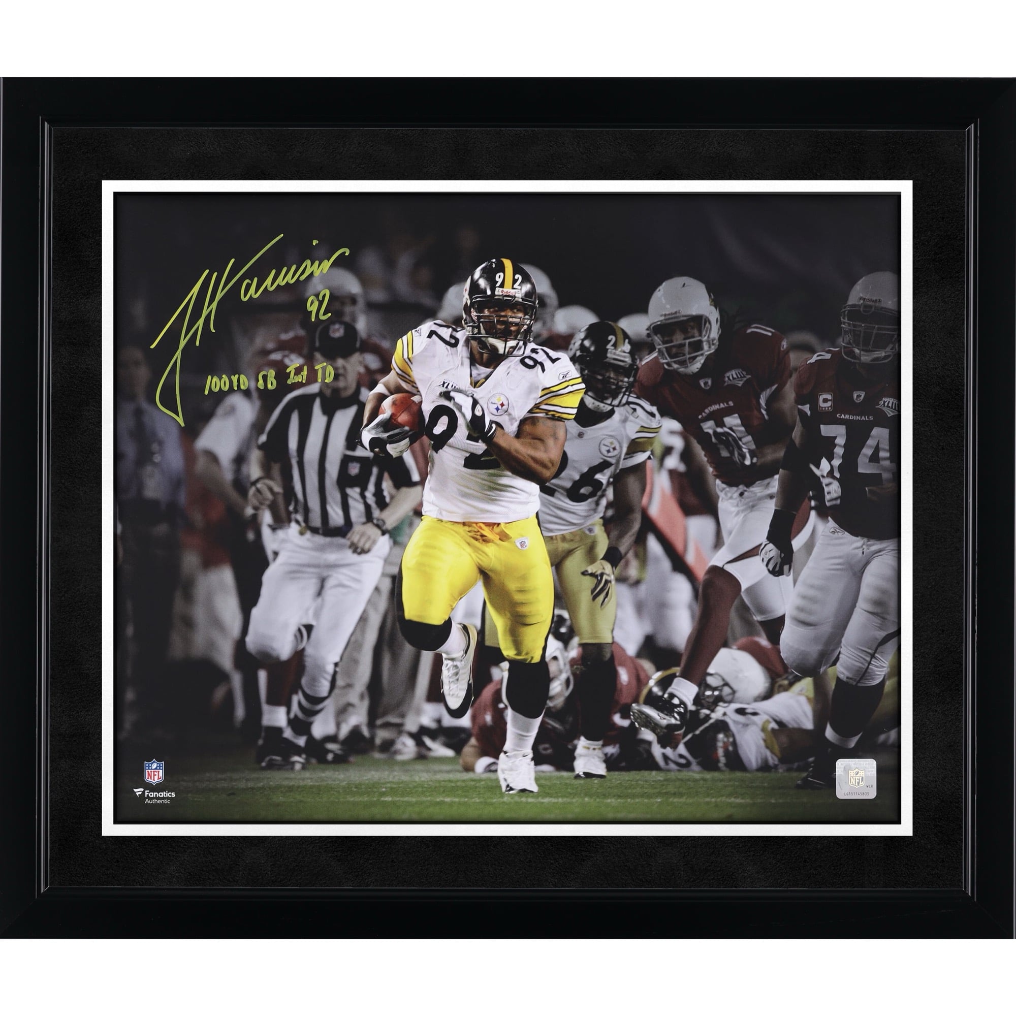Photo dédicacée de James Harrison (Pittsburgh Steelers) - 40,6 x 50,8 cm (16 x 20 pouces) - Super Bowl XLIII - Interception pour un touchdown, avec inscription « 100 yards, interception, touchdown ».