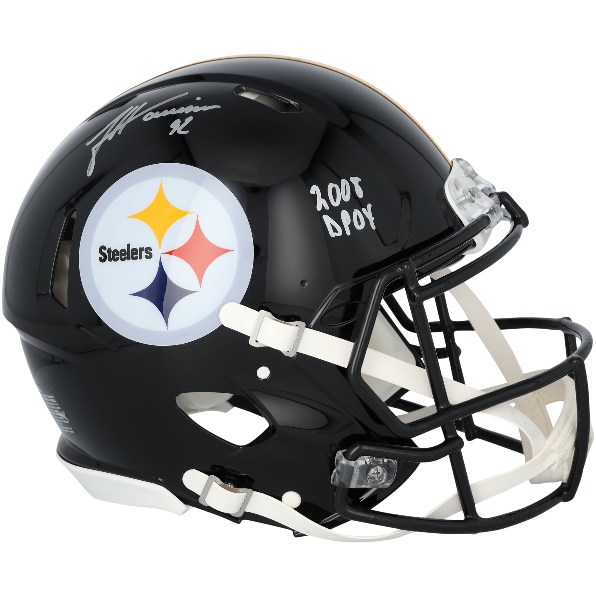 Casque Riddell Speed ​​Authentic autographié par James Harrison des Steelers de Pittsburgh avec inscription « 2008 DPOY »