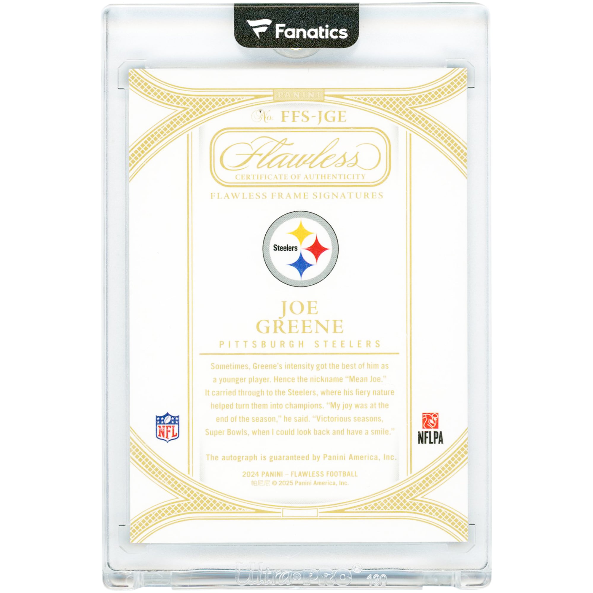 Carte autographiée de Joe Greene (Pittsburgh Steelers) - Panini Flawless Sapphire Frame Signatures 2024 #FFS-JGE #4/10