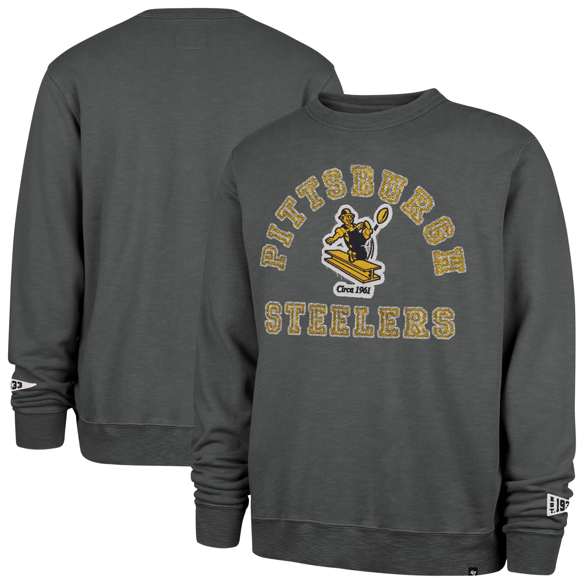 Men's '47 Charcoal Pittsburgh Steelers Calderwood Well Worn French Terry Sweatshirt