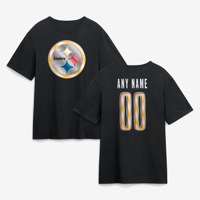 Pittsburgh Steelers Big & Tall Metallic Mascot Personalized Name & Number T-Shirt - Black