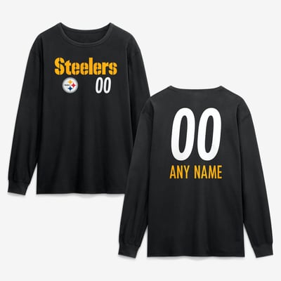 Pittsburgh Steelers  Touchdown Wordmark Personalized Name & Number Long Sleeve T-Shirt - Black