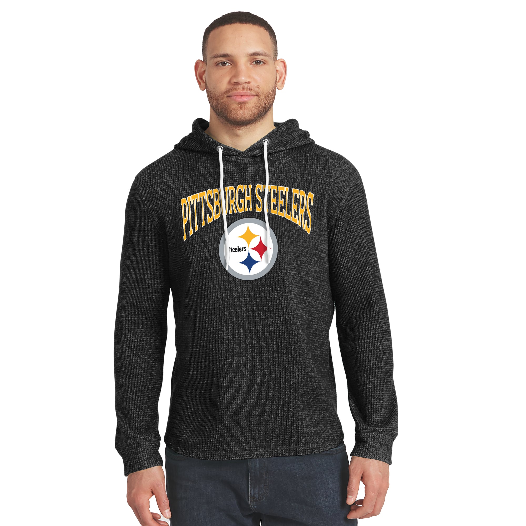 Men's Darius Rucker Collection by Fanatics Black Pittsburgh Steelers Waffle Knit Hooded Tri-Blend Long Sleeve T-Shirt