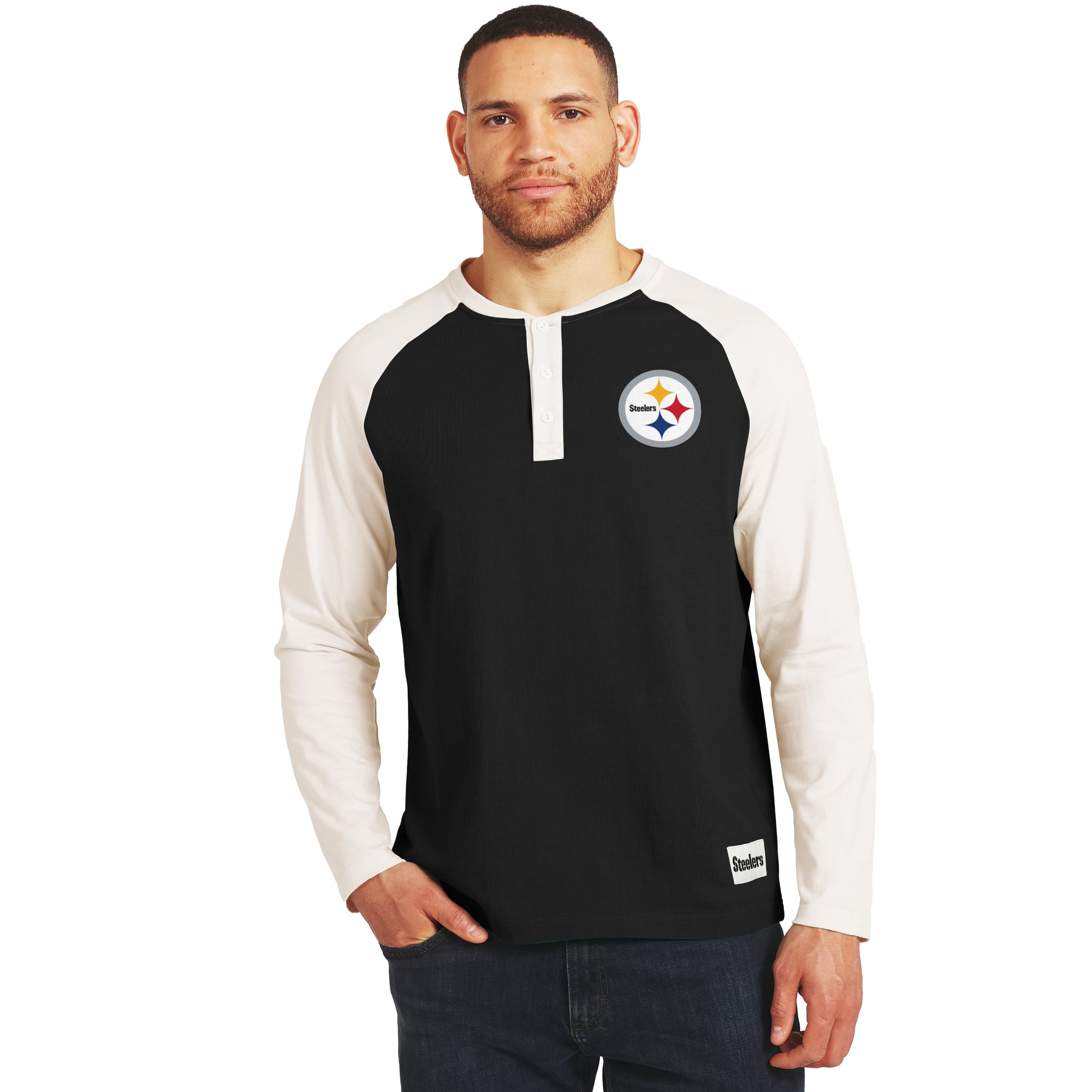 Men's Darius Rucker Collection by Fanatics Black/White Pittsburgh Steelers Henley Long Sleeve T-Shirt