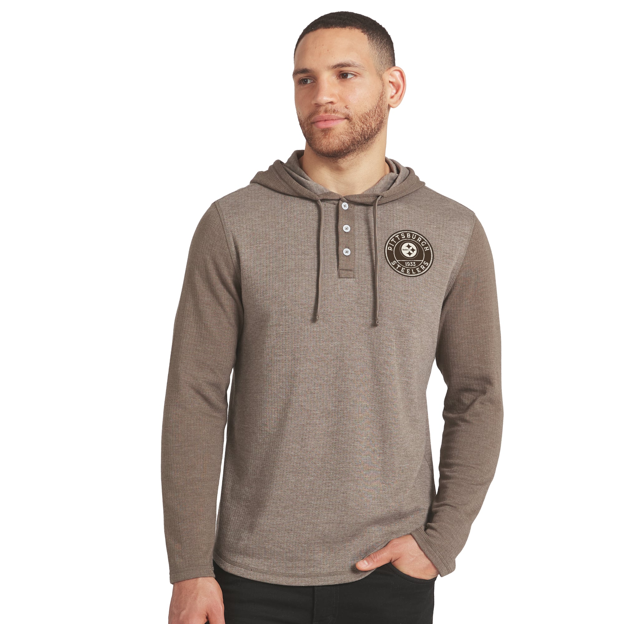Men's Darius Rucker Collection by Fanatics Tan/Brown Pittsburgh Steelers Knit Hooded Henley Long Sleeve T-Shirt