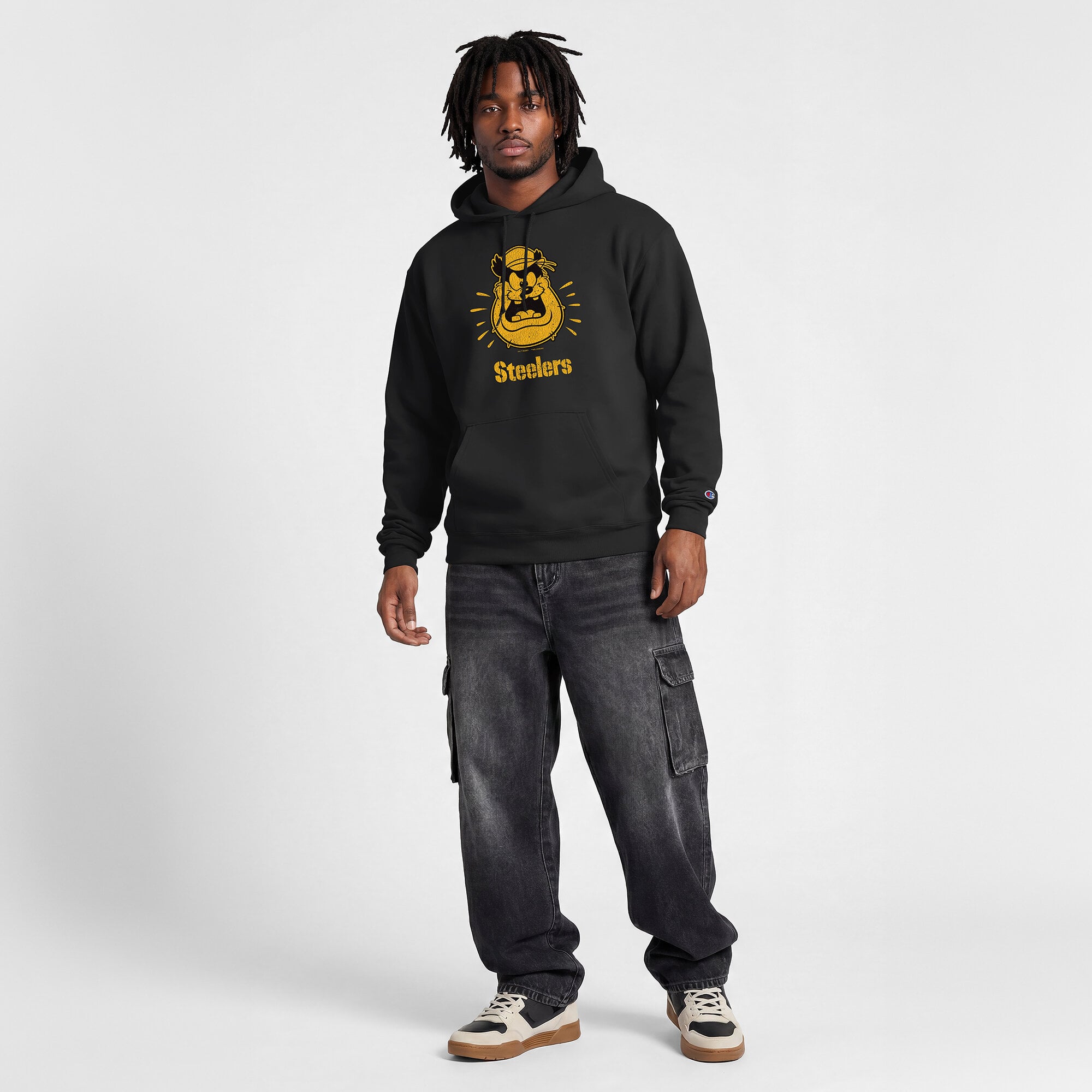 Sweat-shirt à capuche intégral noir Disney x Champion Pittsburgh Steelers Powerblend pour homme