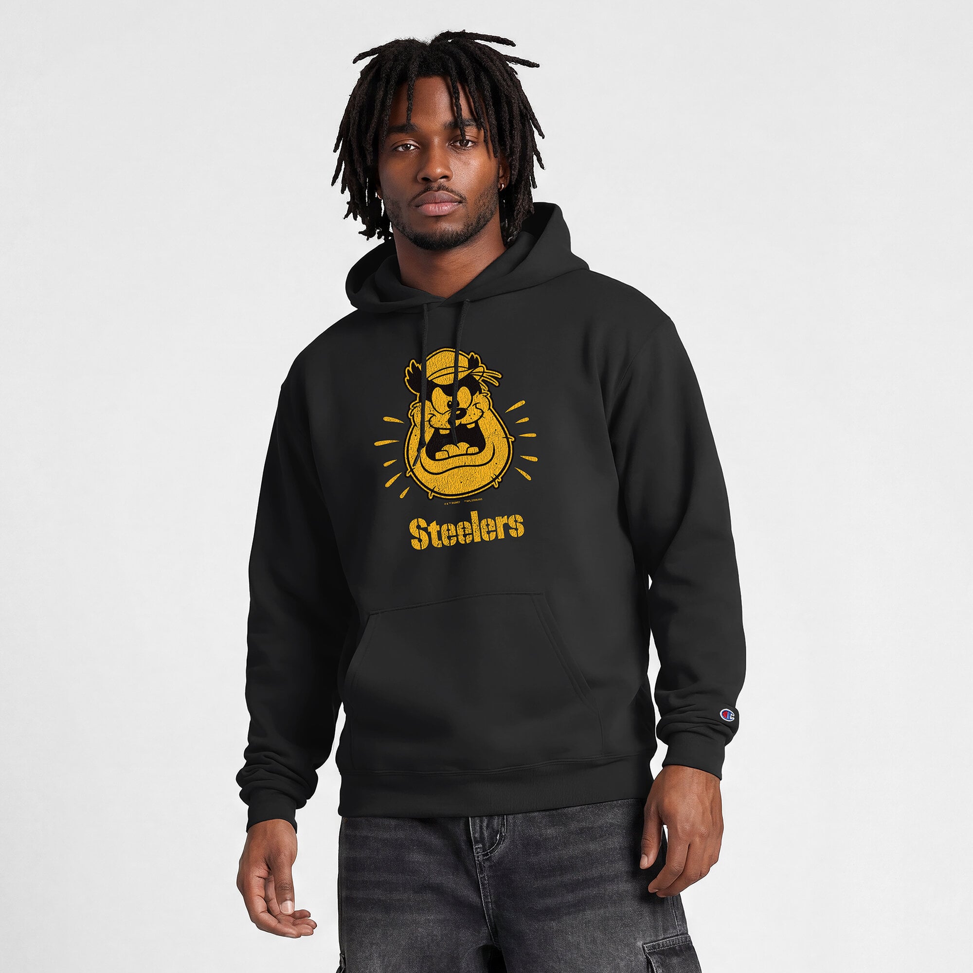 Sweat-shirt à capuche intégral noir Disney x Champion Pittsburgh Steelers Powerblend pour homme