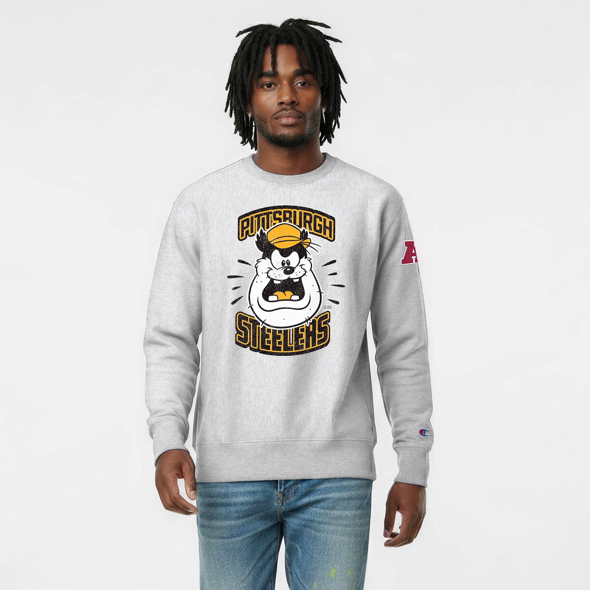 Sweat-shirt homme Disney x Champion gris chiné Pittsburgh Steelers Pete Reverse Weave