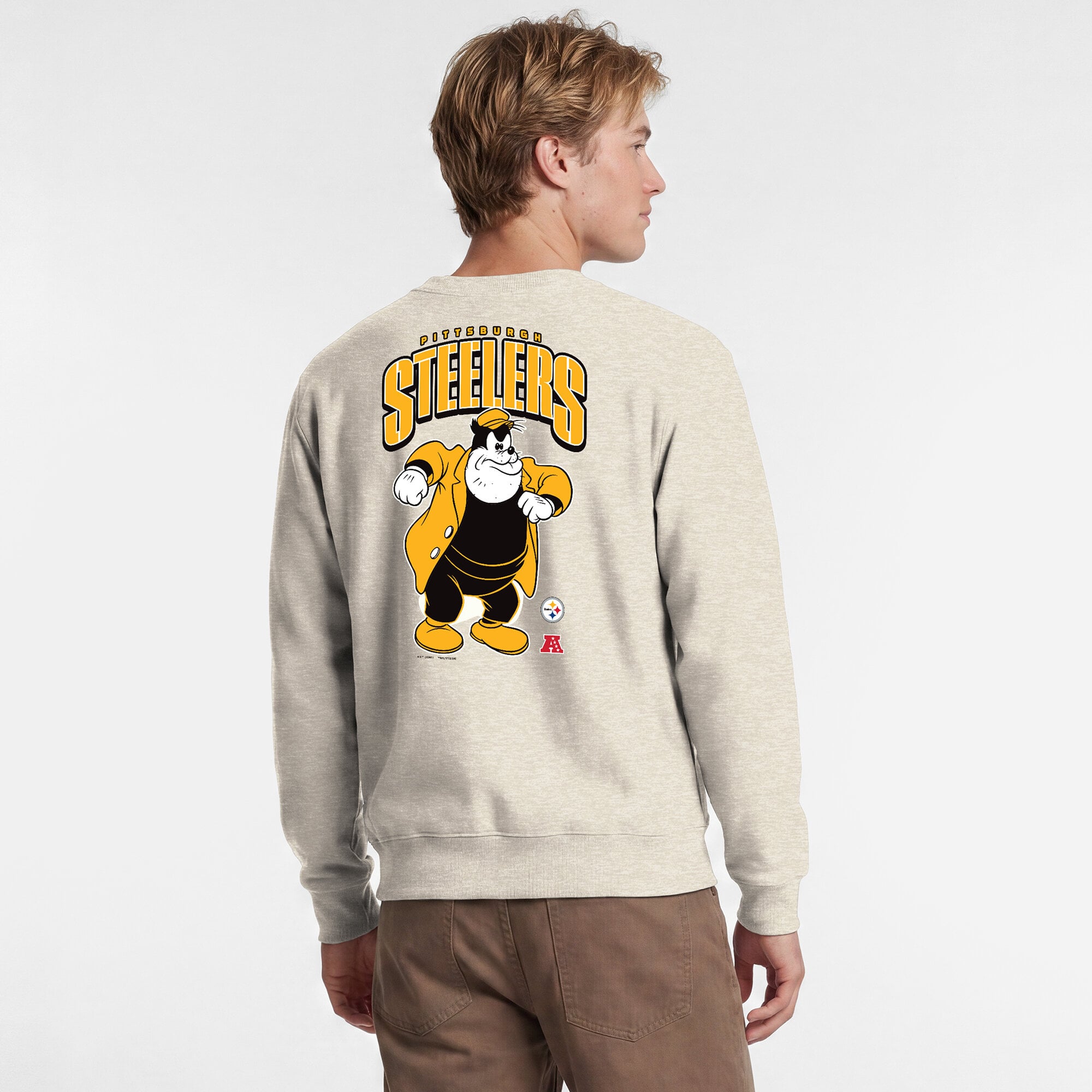 Men's Disney x Champion  Oatmeal Pittsburgh Steelers Powerblend Left Chest Fullback Crew Sweatshirt