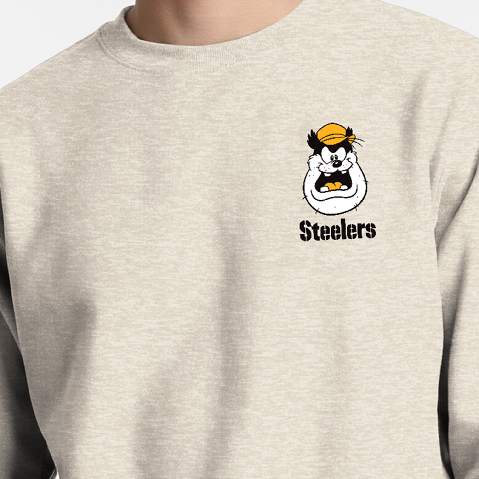 Men's Disney x Champion  Oatmeal Pittsburgh Steelers Powerblend Left Chest Fullback Crew Sweatshirt