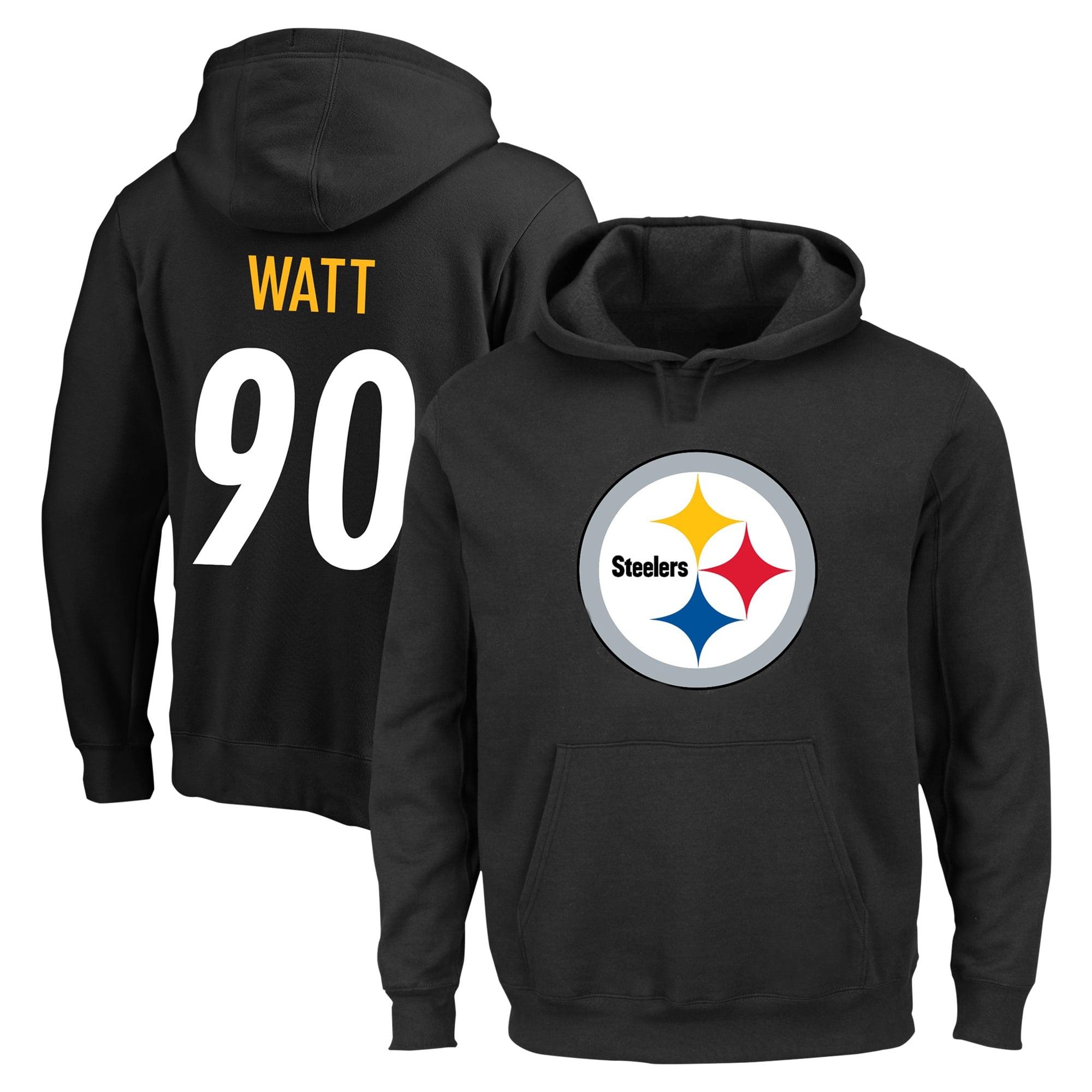 Sweat à capuche polaire Fanatics T.J. Watt noir Pittsburgh Steelers pour homme, grandes tailles, avec nom et numéro