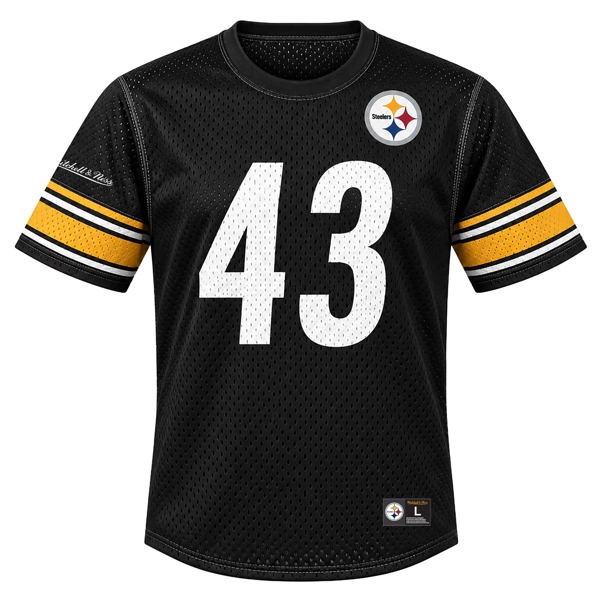 T-shirt à col rond en maille Mitchell & Ness Troy Polamalu noir, joueur retraité des Steelers de Pittsburgh, pour homme