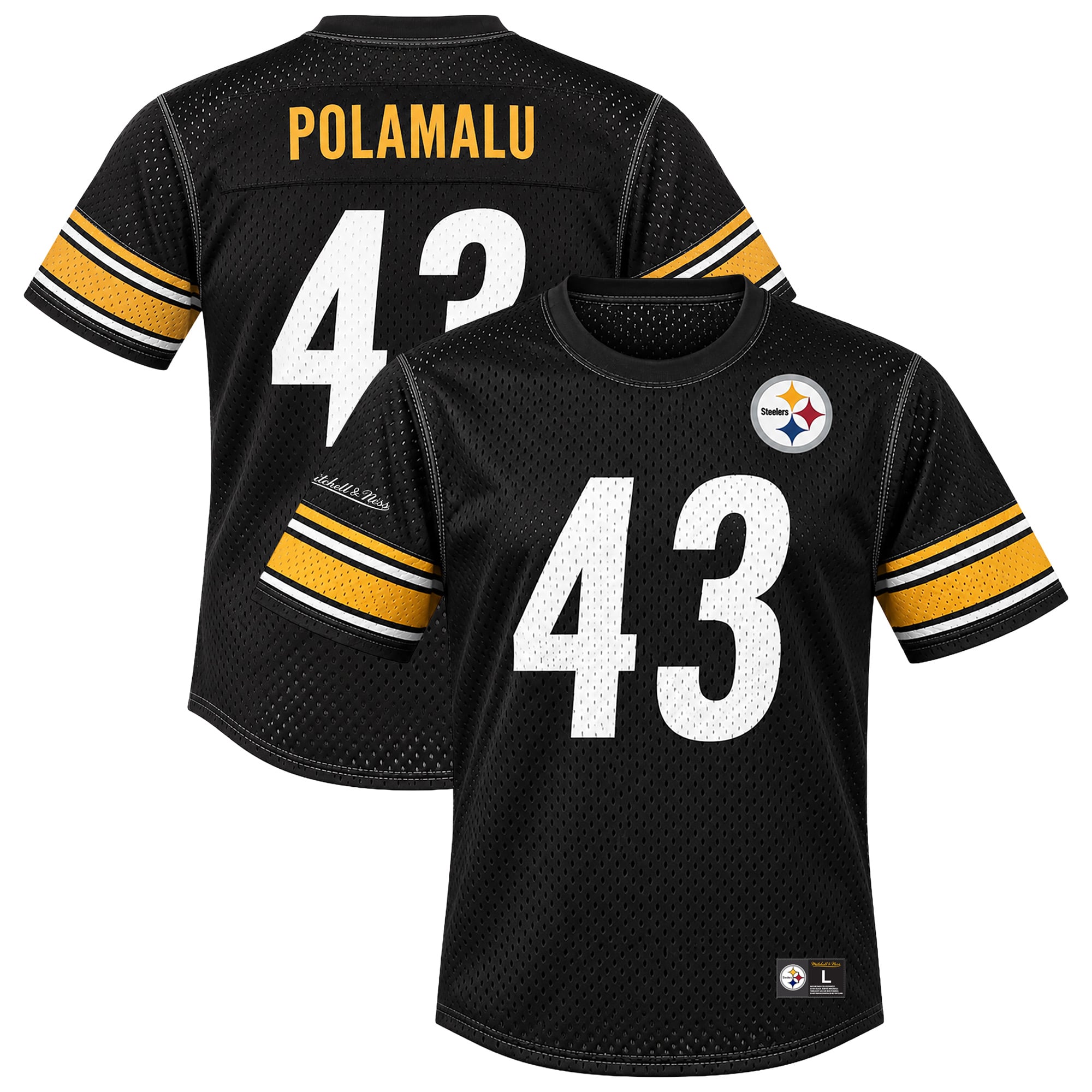 T-shirt à col rond en maille Mitchell & Ness Troy Polamalu noir, joueur retraité des Steelers de Pittsburgh, pour homme