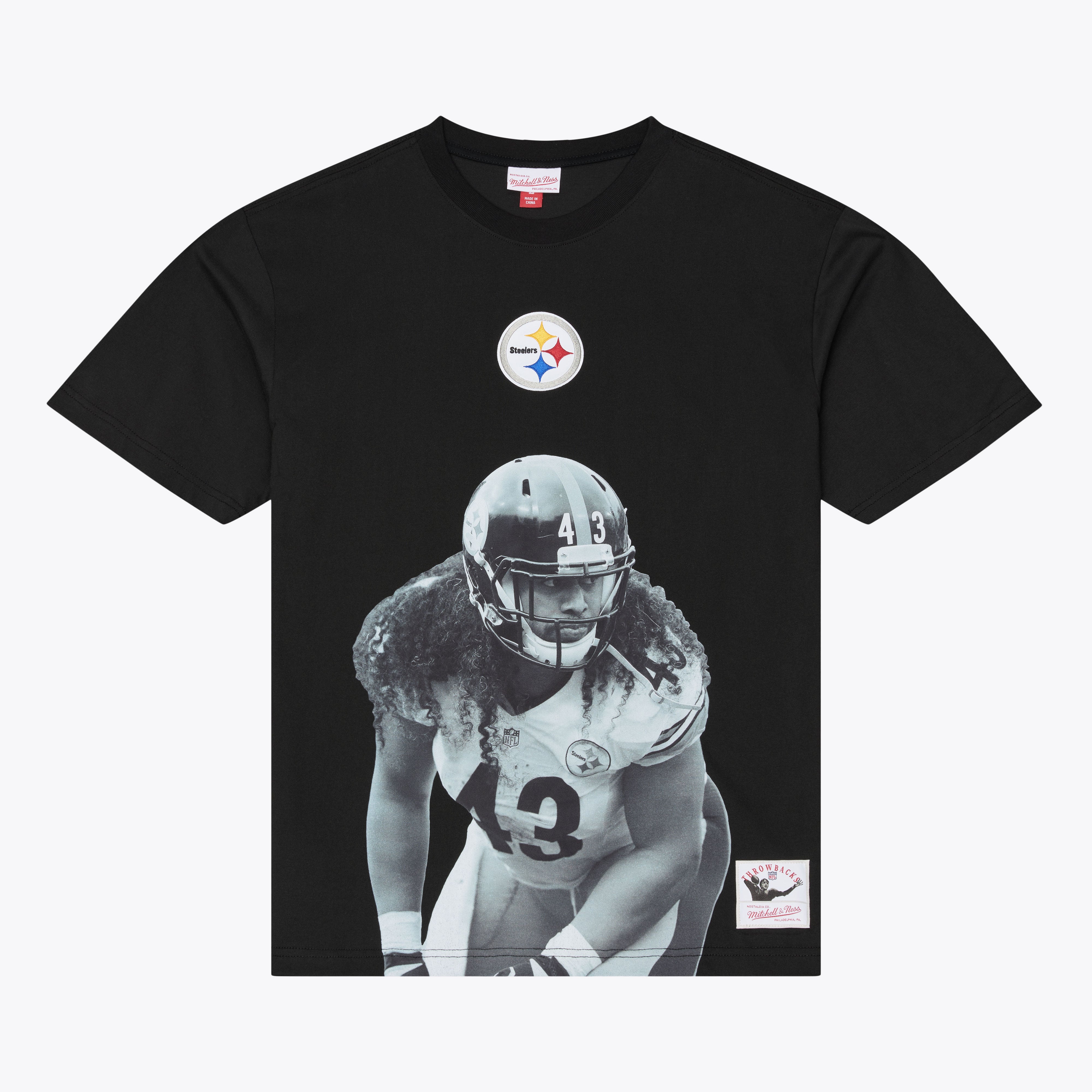 T-shirt Mitchell & Ness pour homme, noir, Troy Polamalu, Pittsburgh Steelers, joueur retraité.