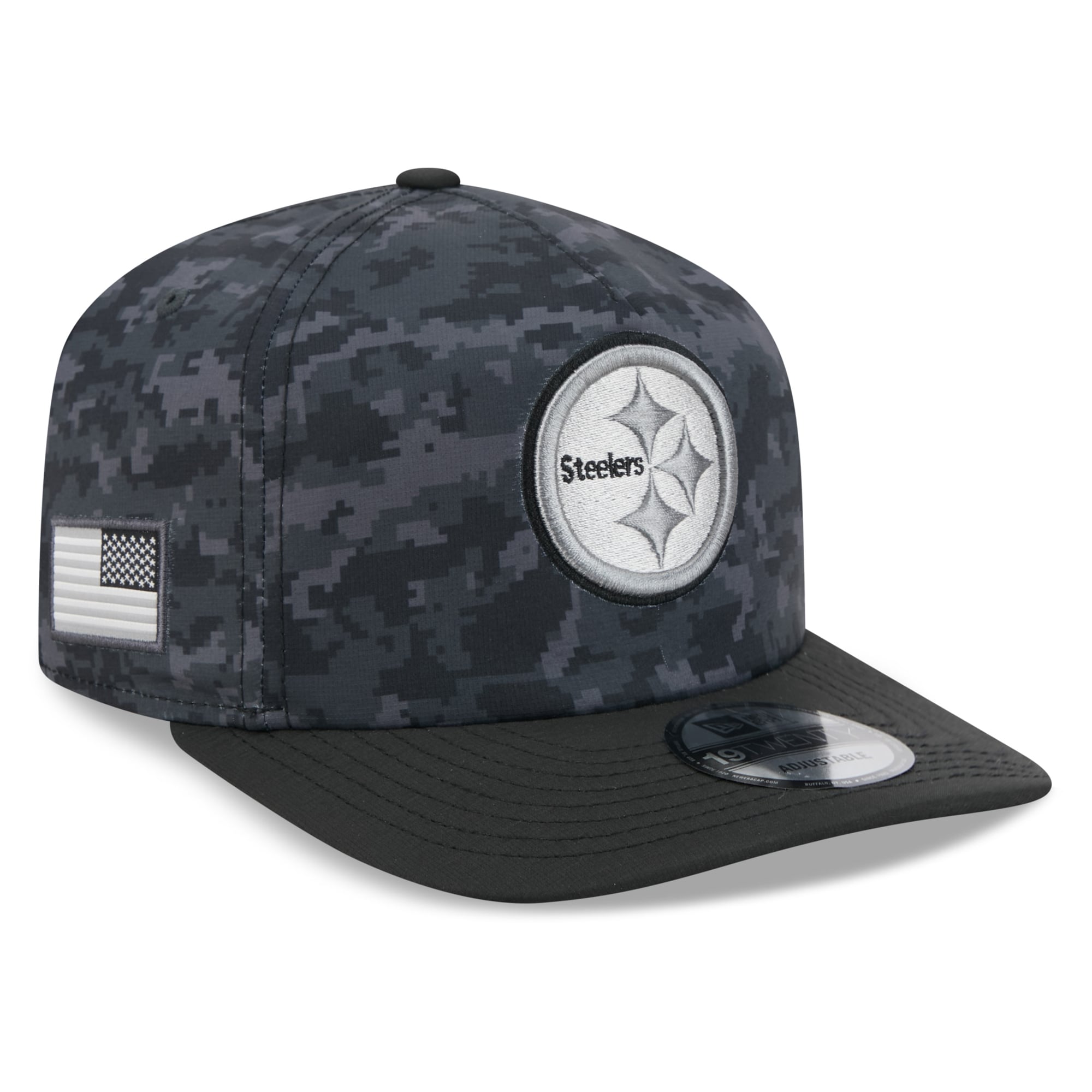 Casquette ajustable New Era noire Pittsburgh Steelers 2026 Salute To Service 19TWENTY pour homme
