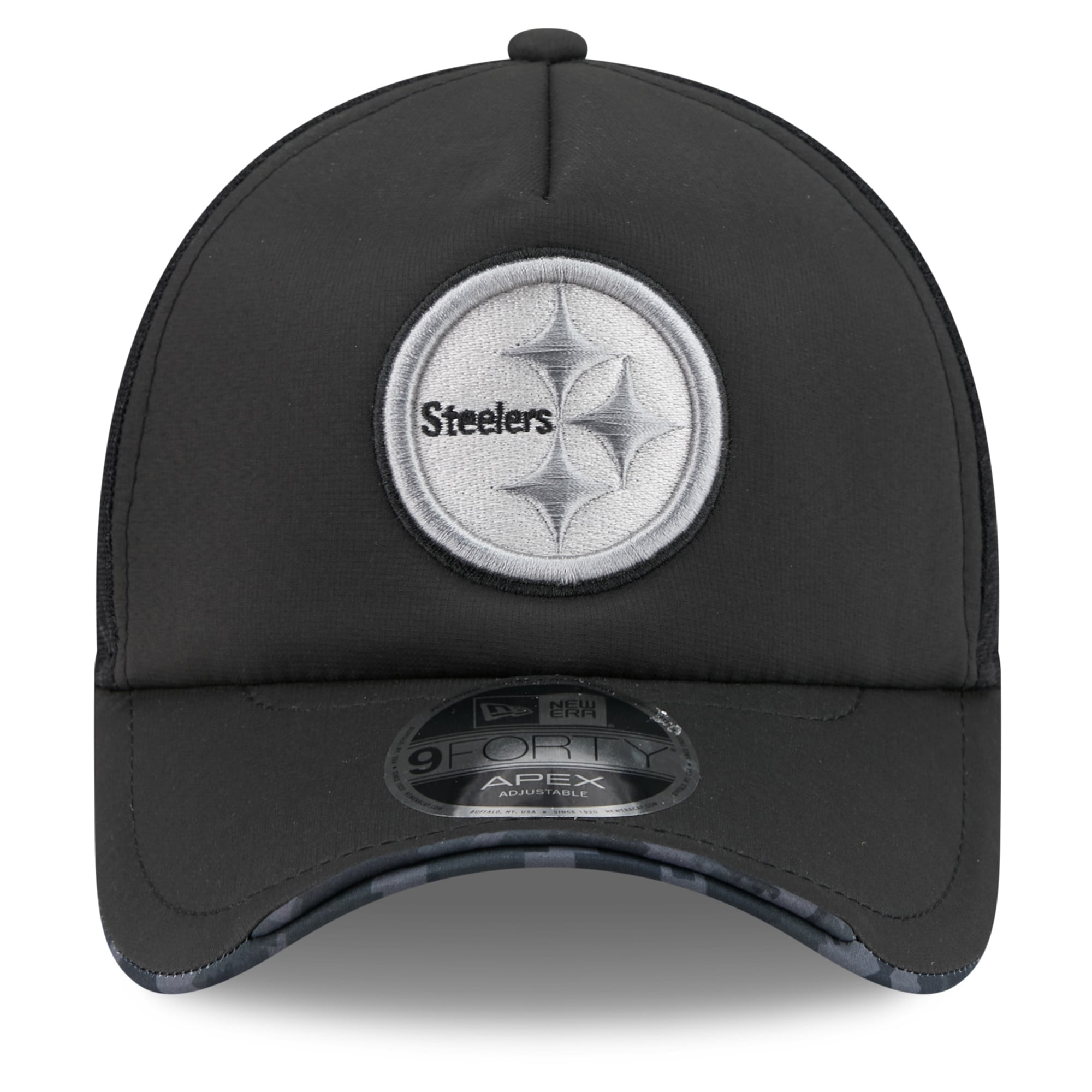 Casquette trucker ajustable New Era Apex 9FORTY noire Pittsburgh Steelers 2026 Salute To Service pour homme