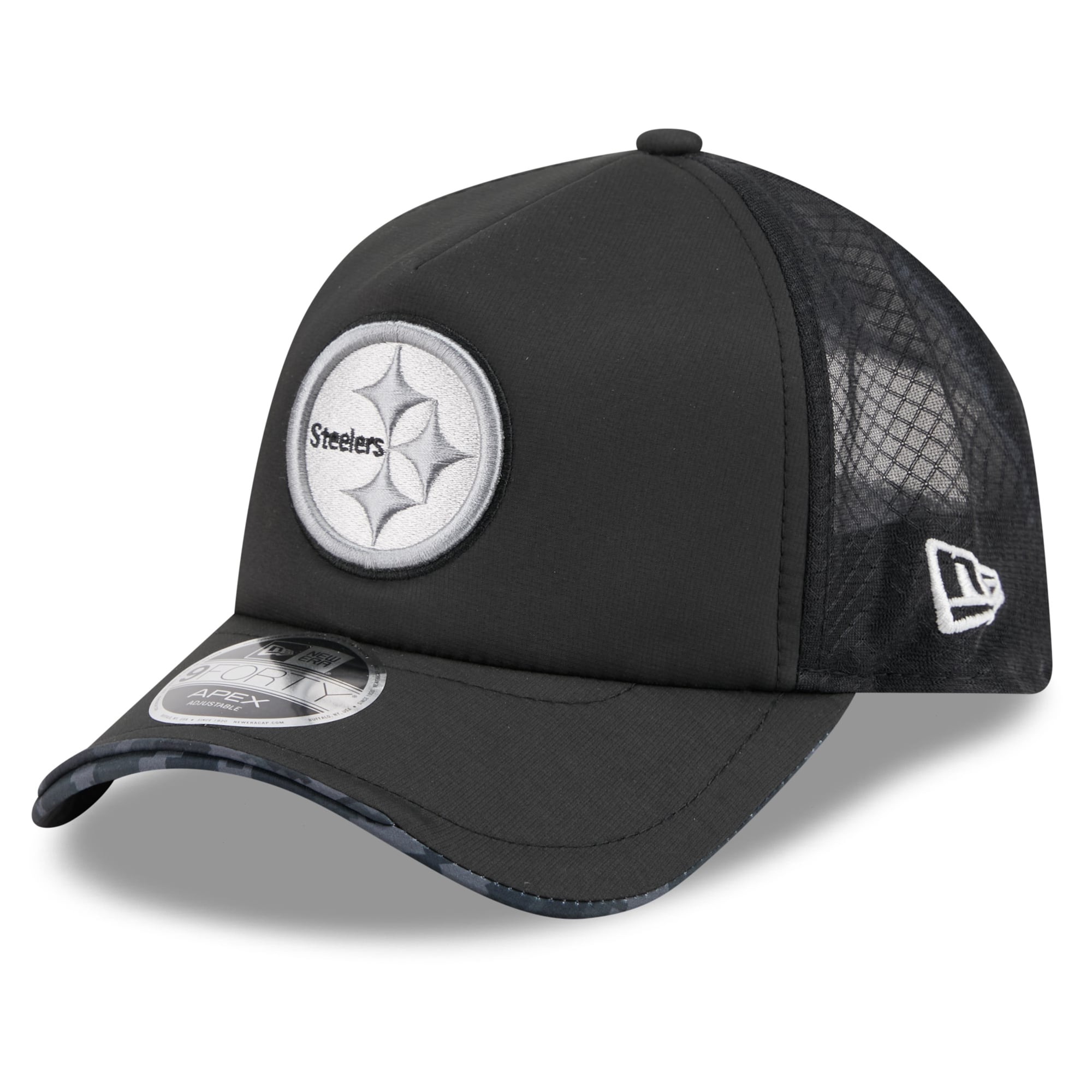 Casquette trucker ajustable New Era Apex 9FORTY noire Pittsburgh Steelers 2026 Salute To Service pour homme