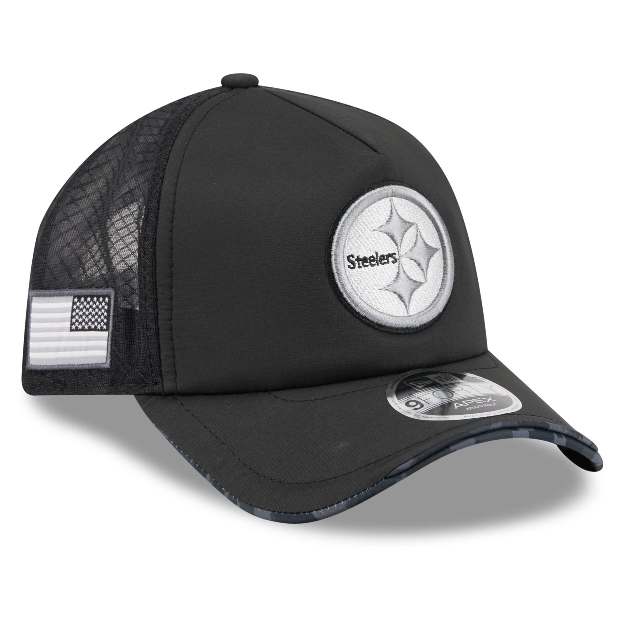 Casquette trucker ajustable New Era Apex 9FORTY noire Pittsburgh Steelers 2026 Salute To Service pour homme