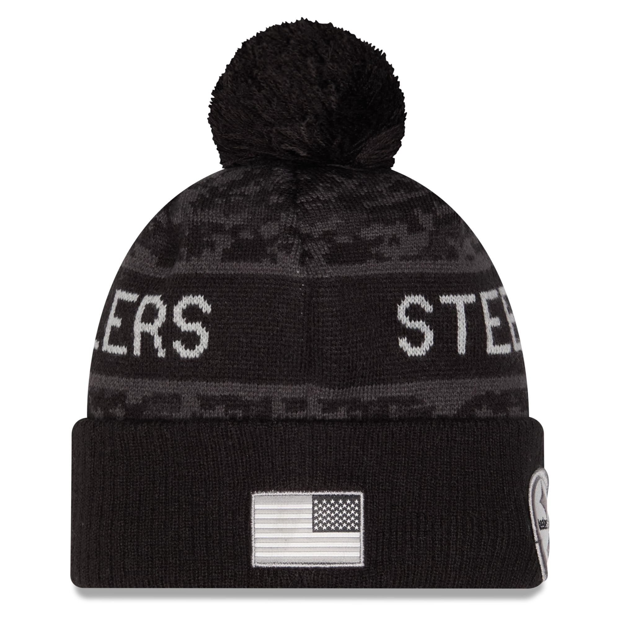 Bonnet à revers noir New Era Pittsburgh Steelers 2026 Salute To Service pour homme, avec pompon