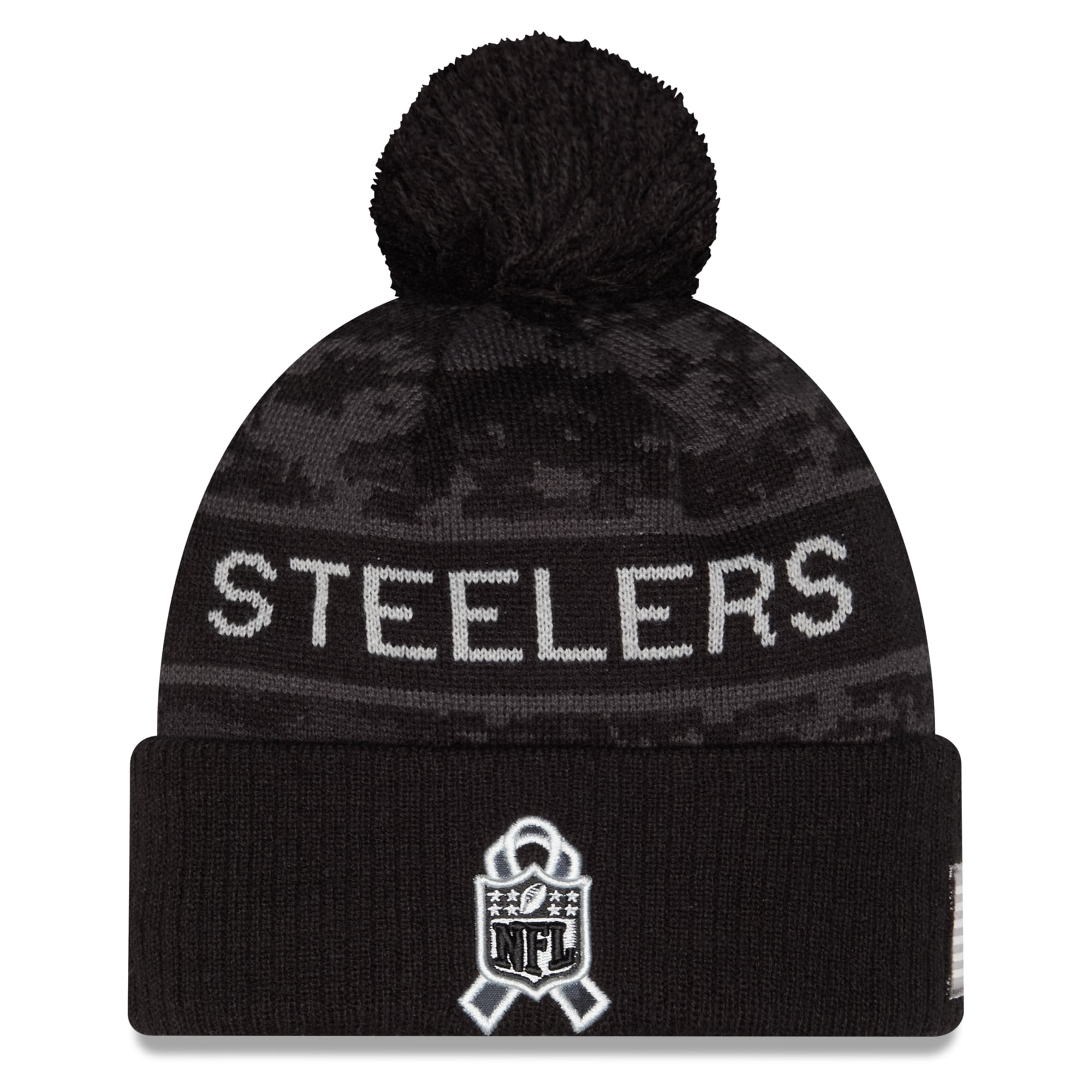 Bonnet à revers noir New Era Pittsburgh Steelers 2026 Salute To Service pour homme, avec pompon