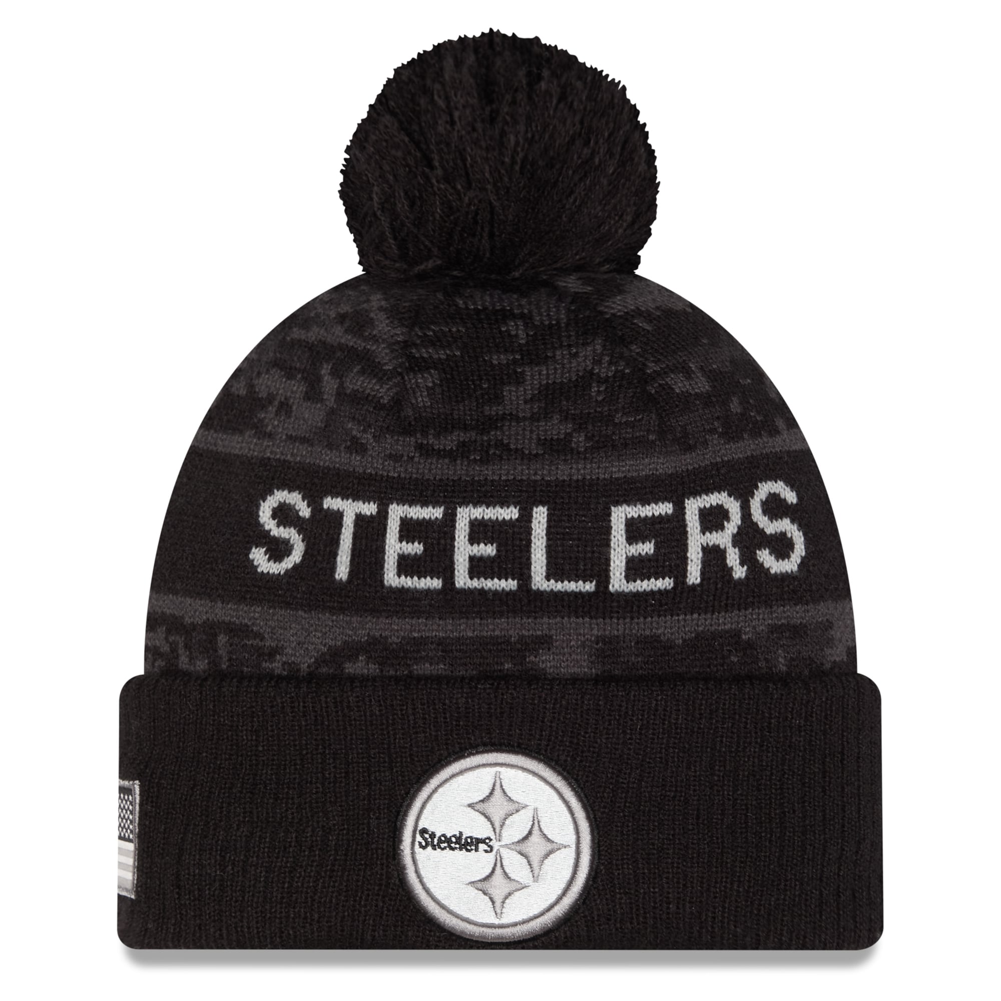 Bonnet à revers noir New Era Pittsburgh Steelers 2026 Salute To Service pour homme, avec pompon