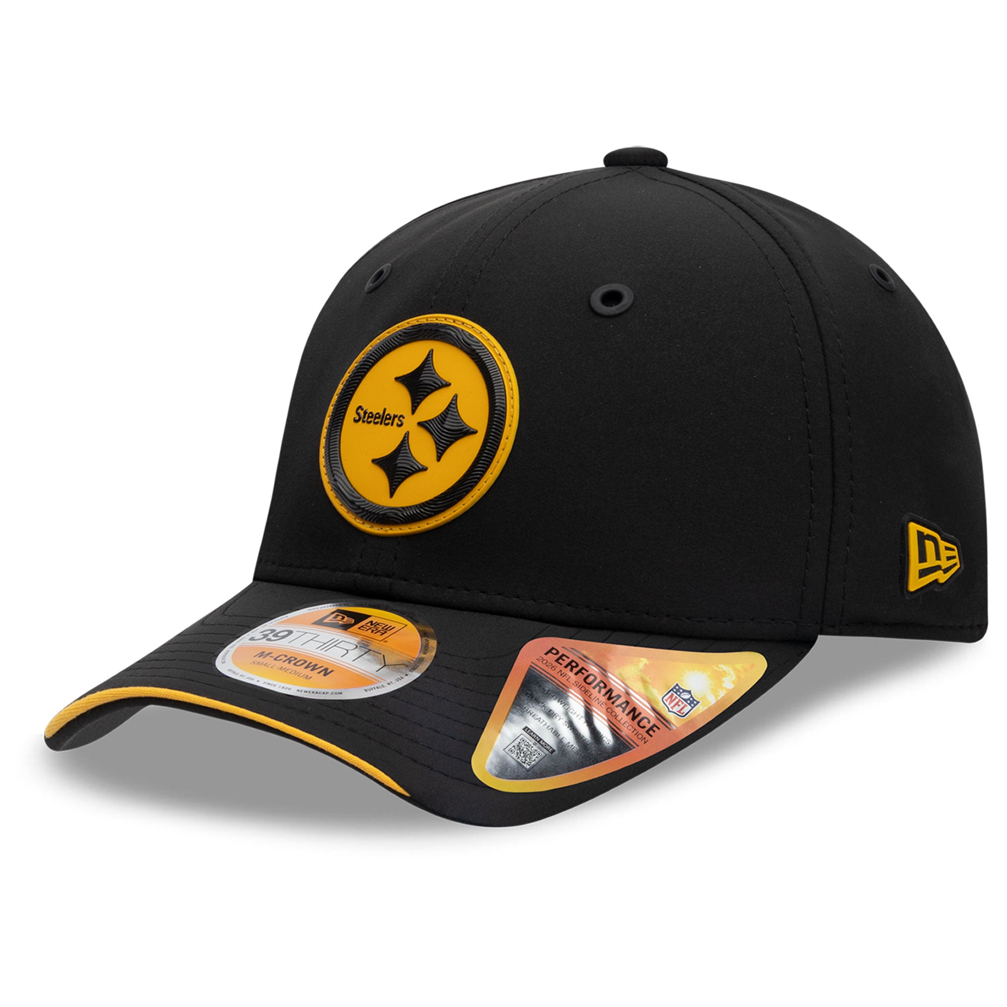 Casquette New Era noire Pittsburgh Steelers 2026 Sideline 39THIRTY M-Crown Flex pour homme