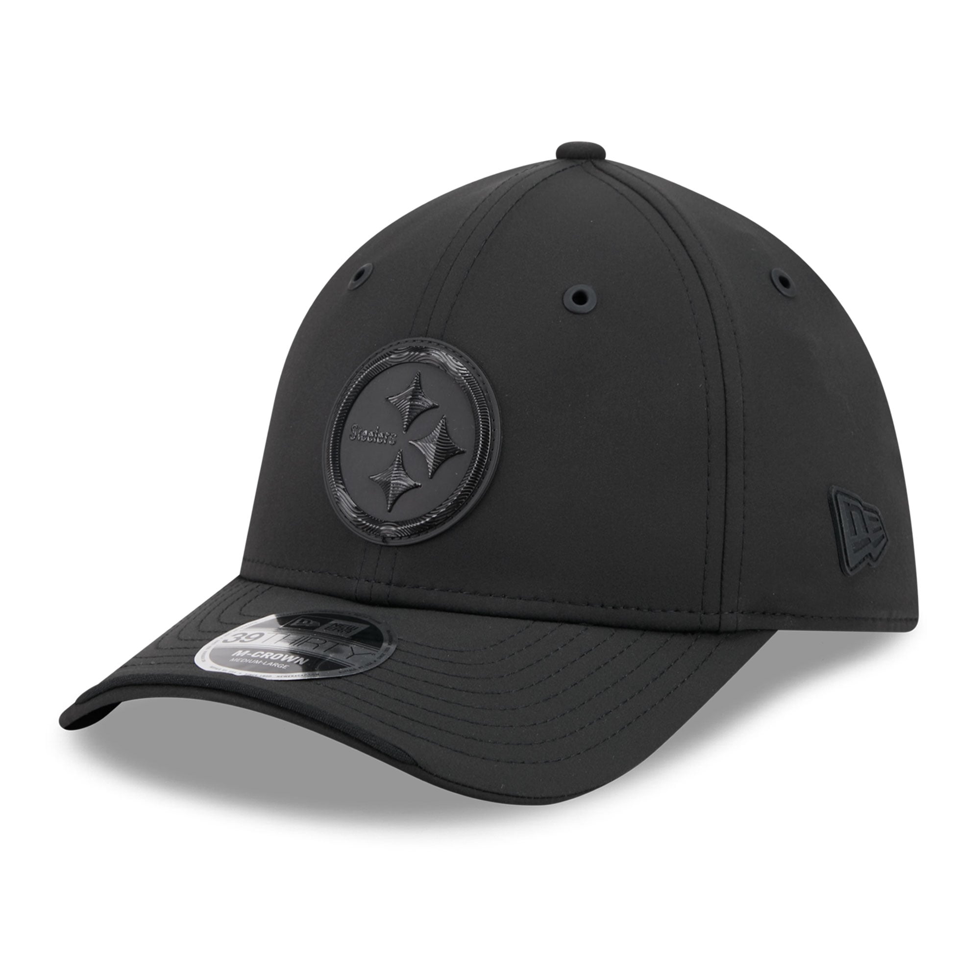 Casquette extensible New Era noire Pittsburgh Steelers 2026 Sideline 39THIRTY M-Crown pour homme