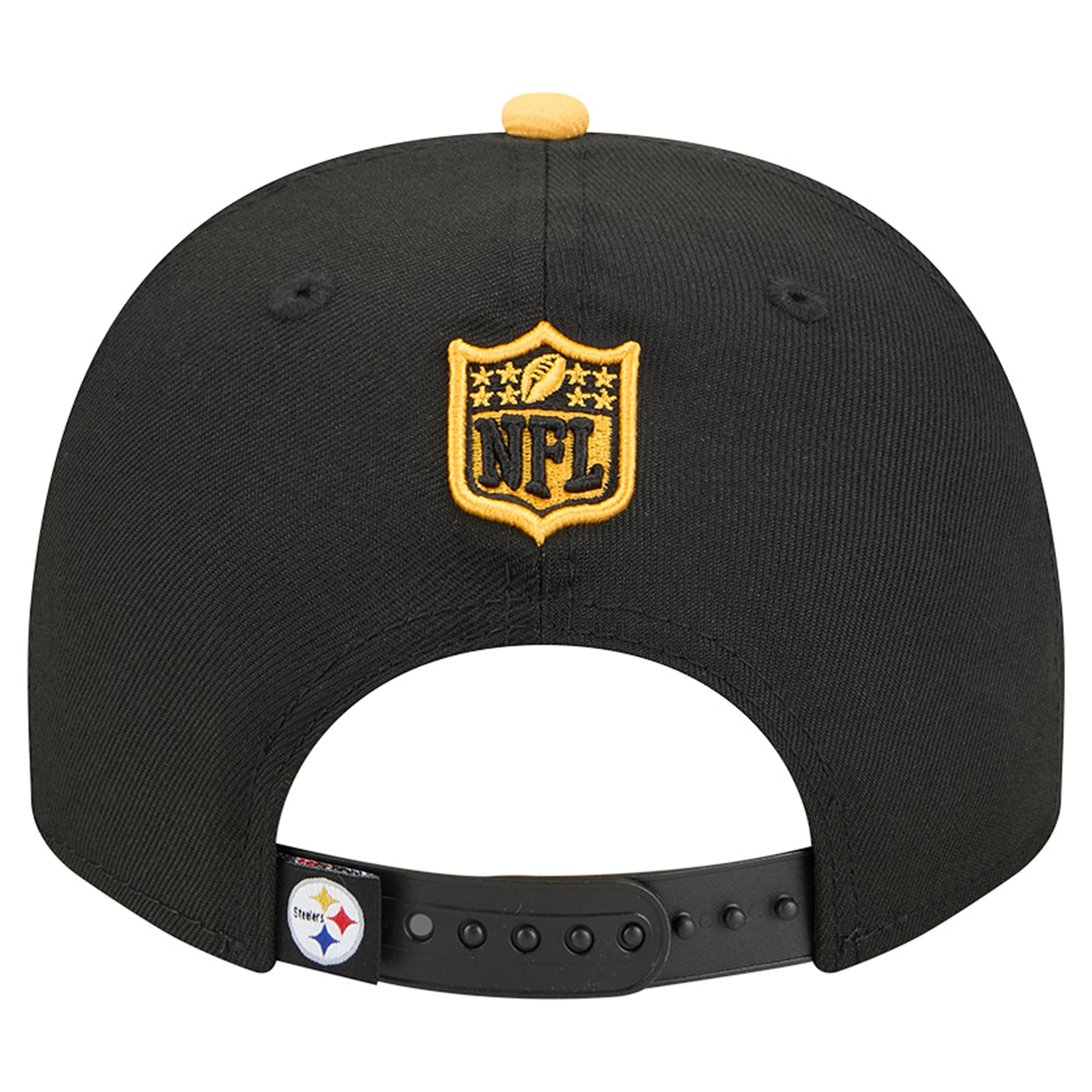Casquette snapback New Era 9FIFTY pour homme, noire et or, motif dessin animé des Steelers de Pittsburgh