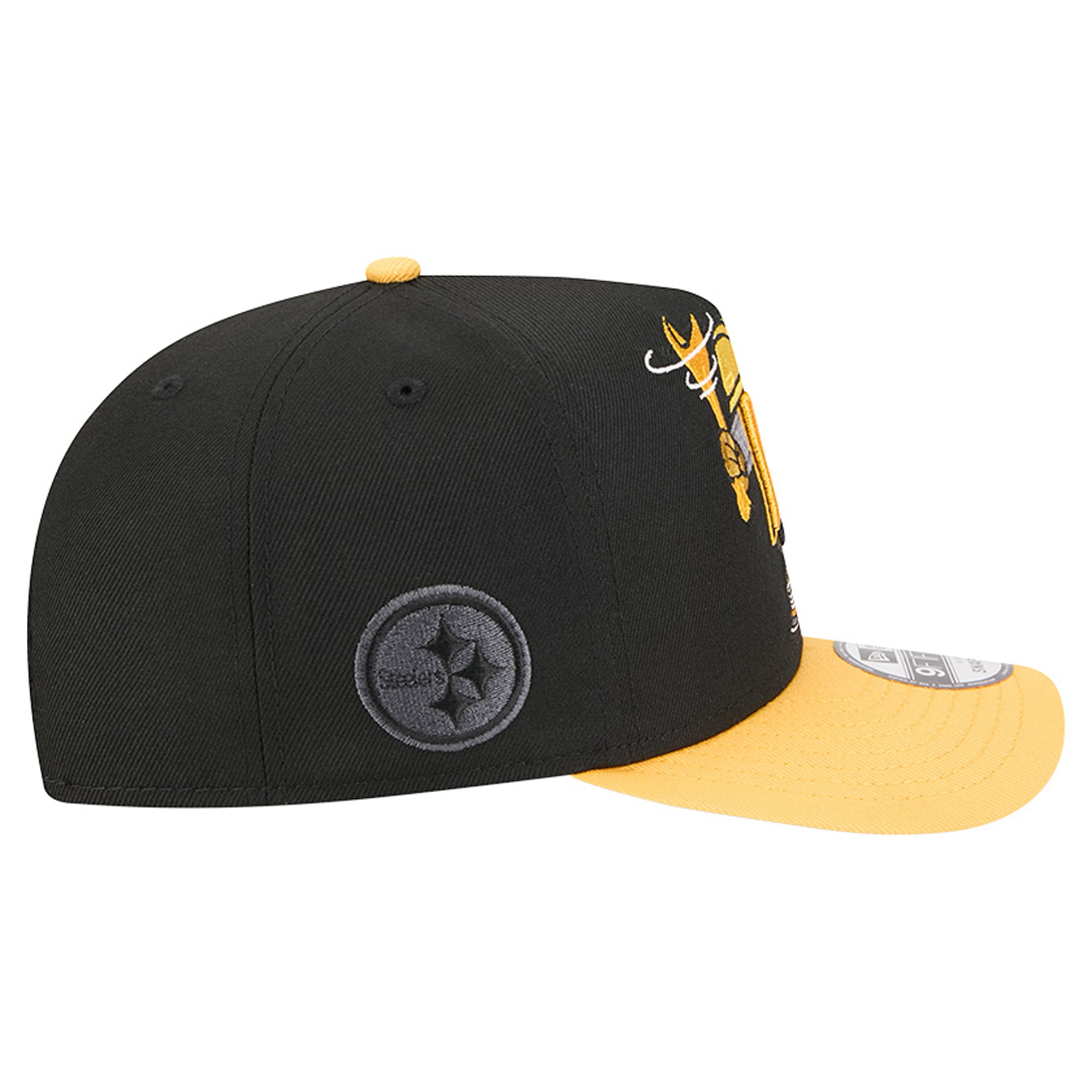 Casquette snapback New Era 9FIFTY pour homme, noire et or, motif dessin animé des Steelers de Pittsburgh