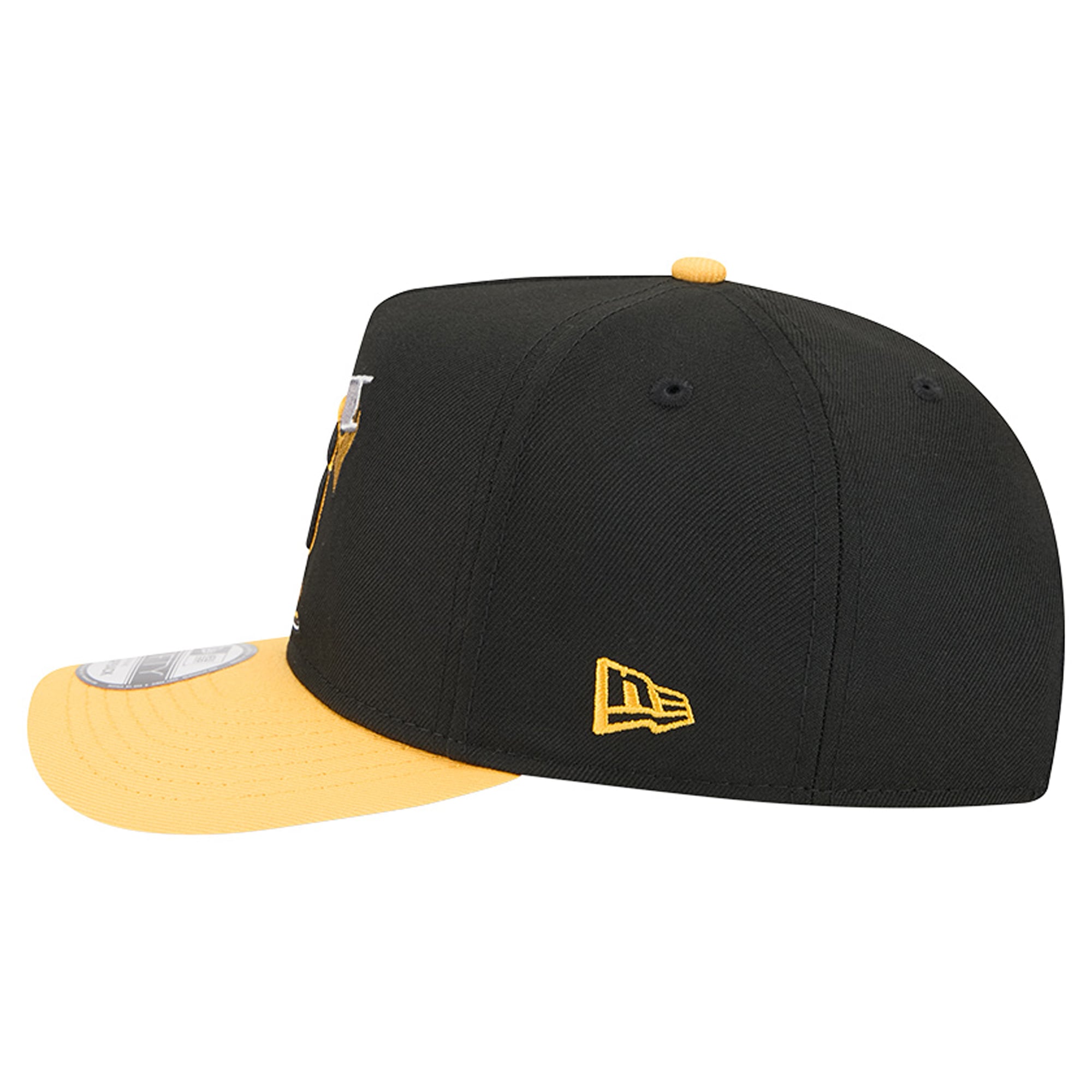 Casquette snapback New Era 9FIFTY pour homme, noire et or, motif dessin animé des Steelers de Pittsburgh
