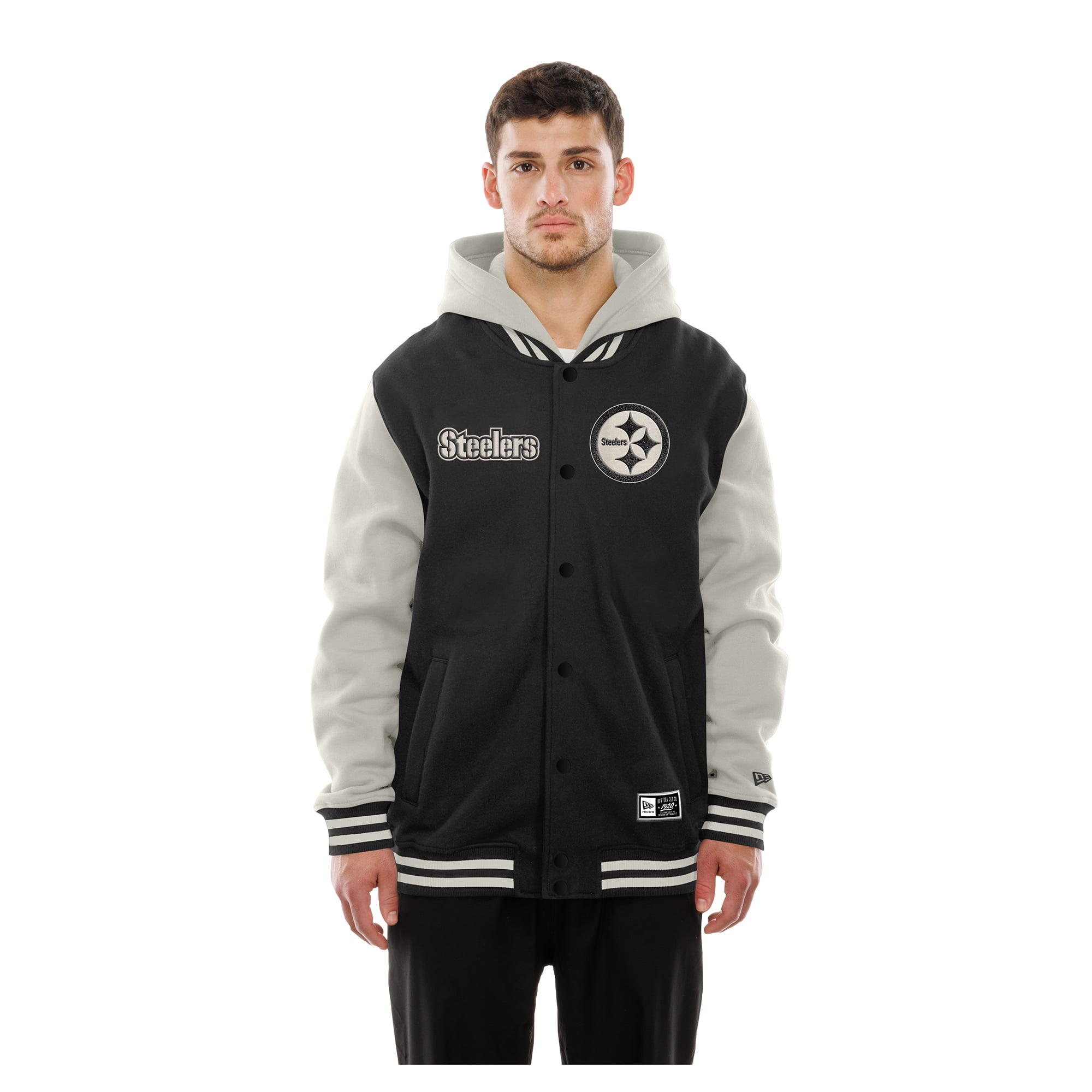 Veste polaire à capuche New Era noire et grise Pittsburgh Steelers pour homme, fermeture boutons-pression.