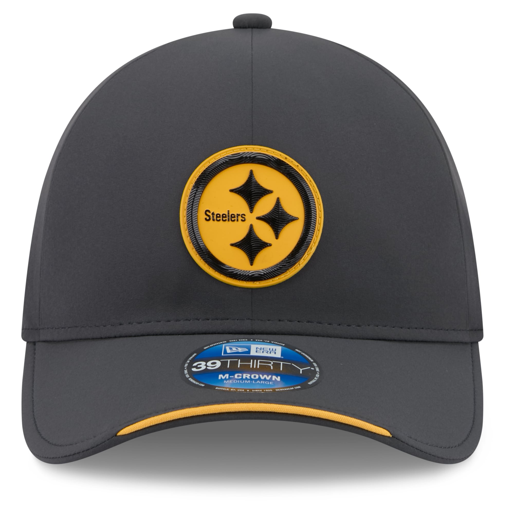 Casquette extensible New Era 39THIRTY M-Crown pour homme, couleur anthracite, Pittsburgh Steelers 2026 Sideline, idéale les temps froids.