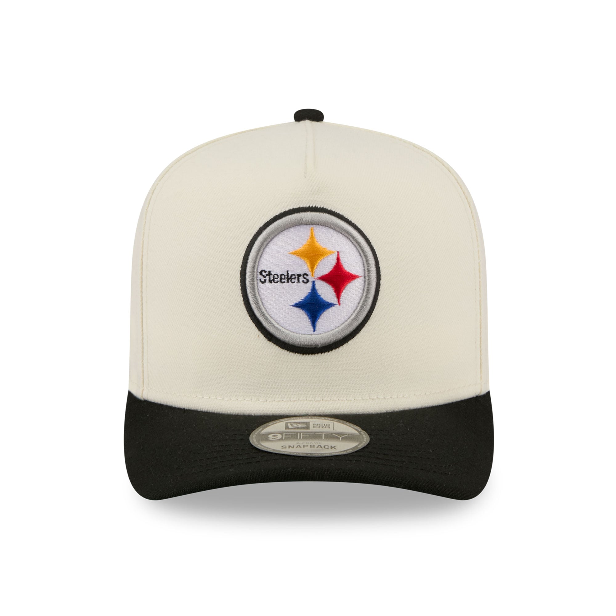 Casquette snapback New Era 9FIFTY crème/noire Pittsburgh Steelers pour homme, logo arrière en forme de A.