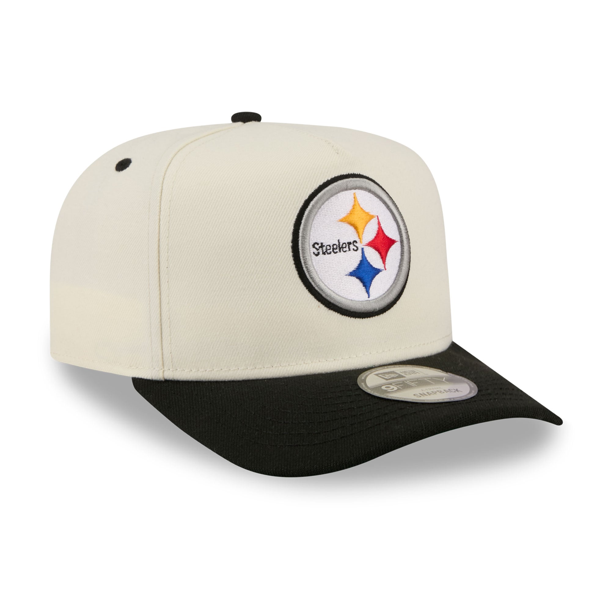 Casquette snapback New Era 9FIFTY crème/noire Pittsburgh Steelers pour homme, logo arrière en forme de A.