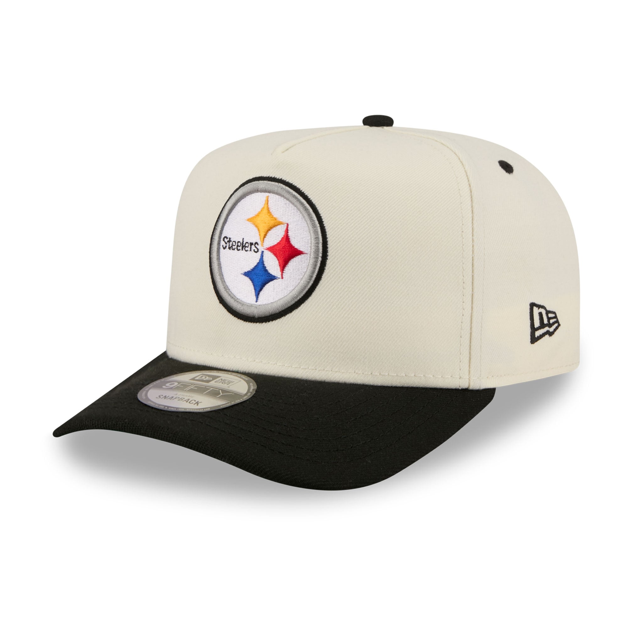 Casquette snapback New Era 9FIFTY crème/noire Pittsburgh Steelers pour homme, logo arrière en forme de A.