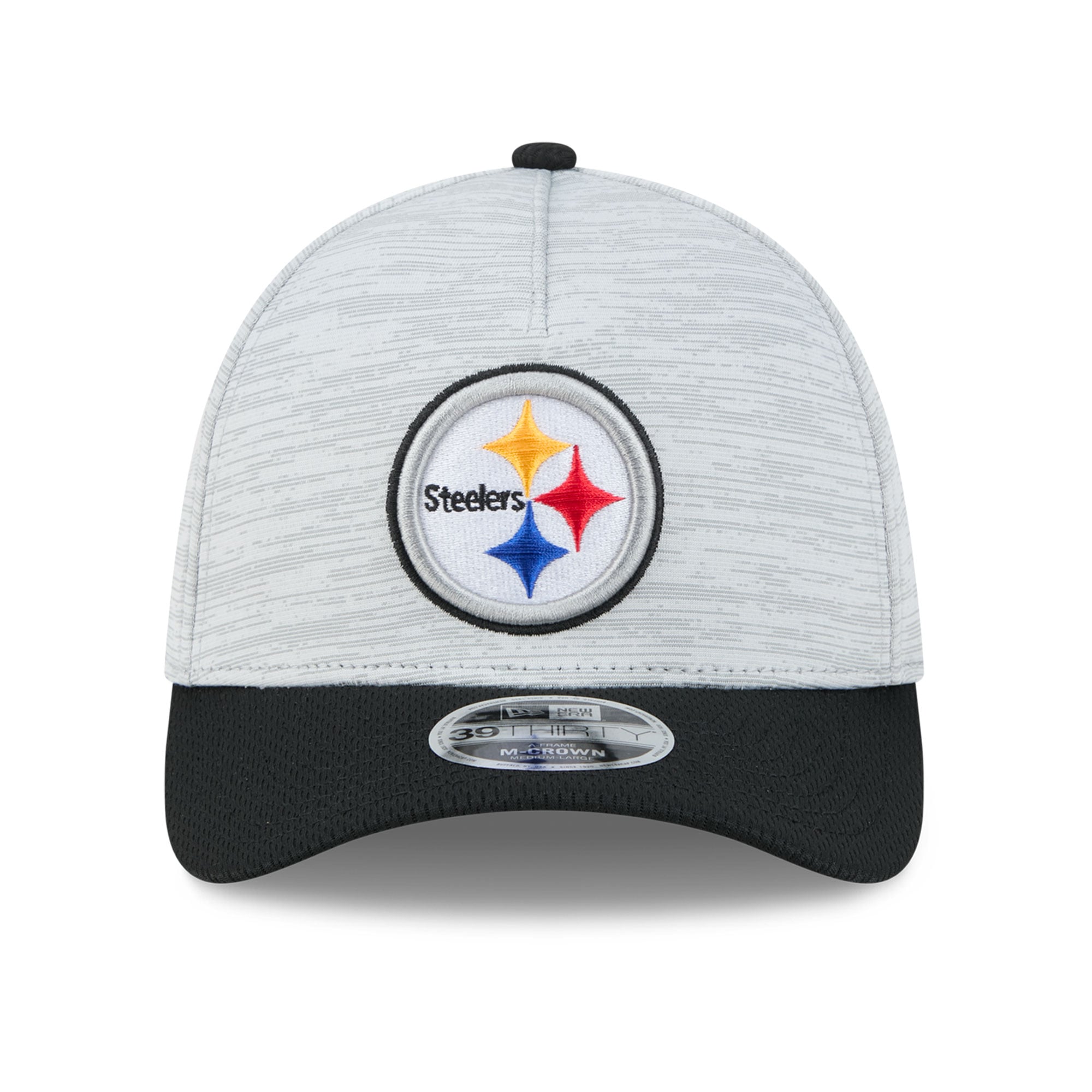 Casquette New Era Flex grise et noire Pittsburgh Steelers pour homme, modèle M-Crown A-Frame 39THIRTY.