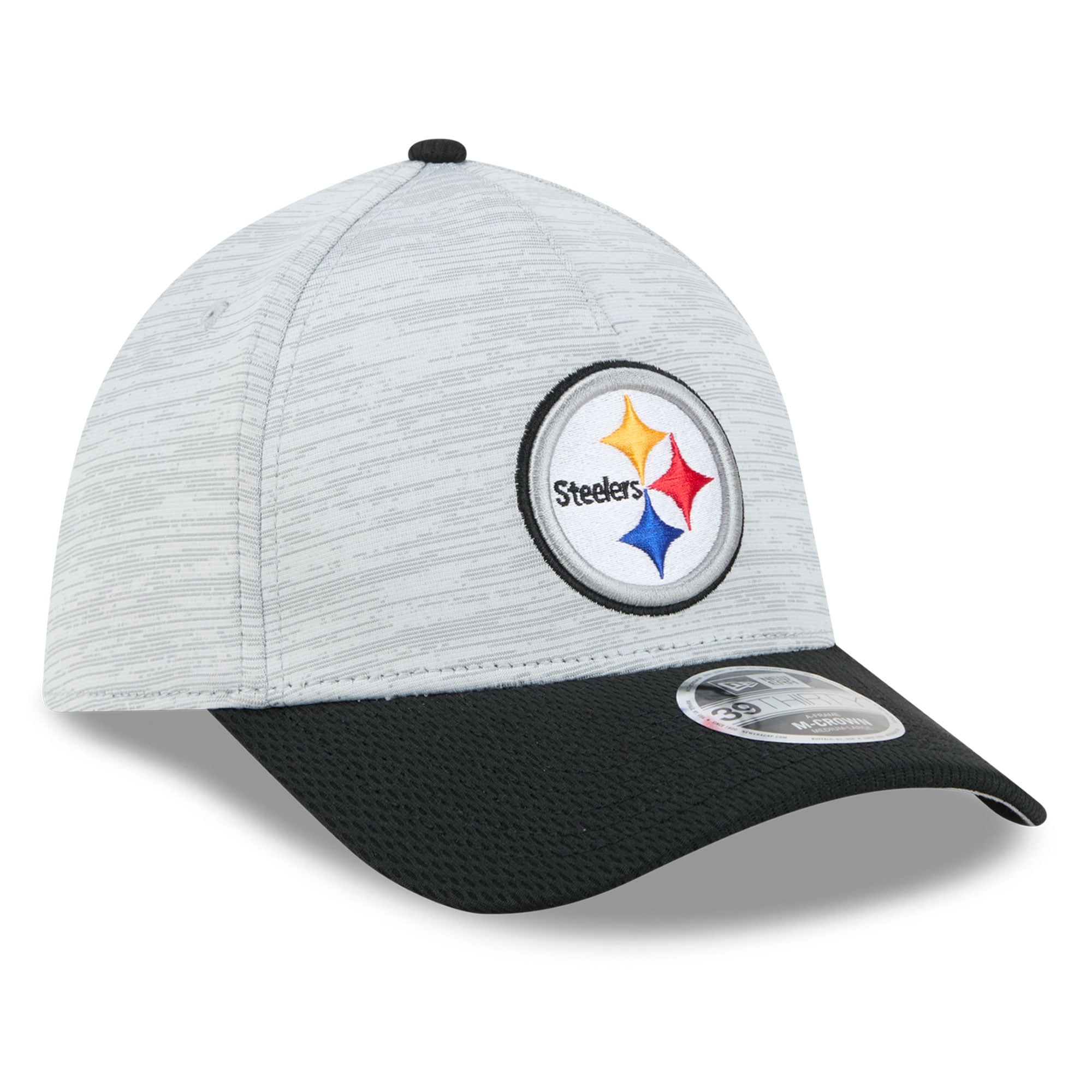 Casquette New Era Flex grise et noire Pittsburgh Steelers pour homme, modèle M-Crown A-Frame 39THIRTY.