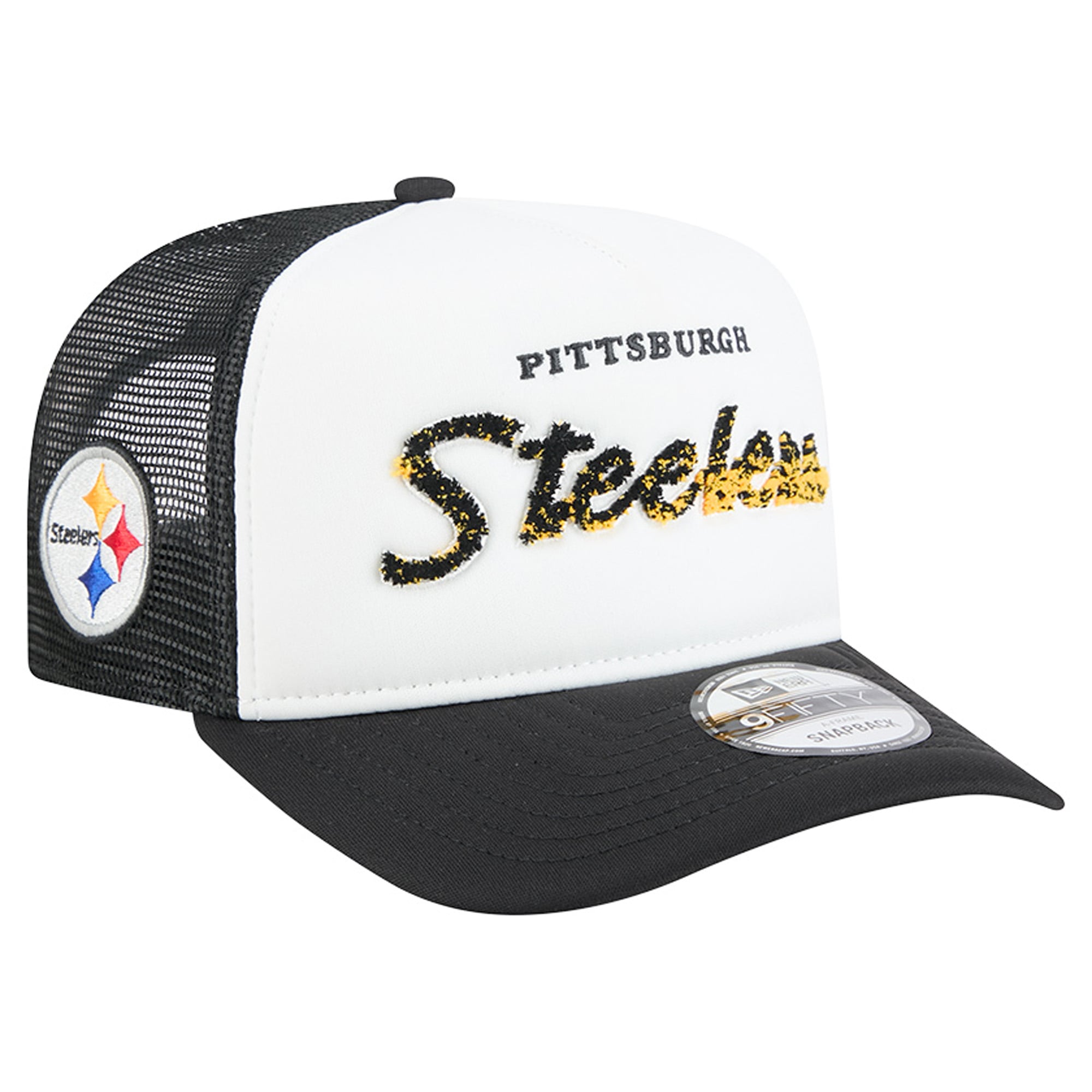 Casquette trucker New Era 9FIFTY Snapback blanche et noire Pittsburgh Steelers pour homme