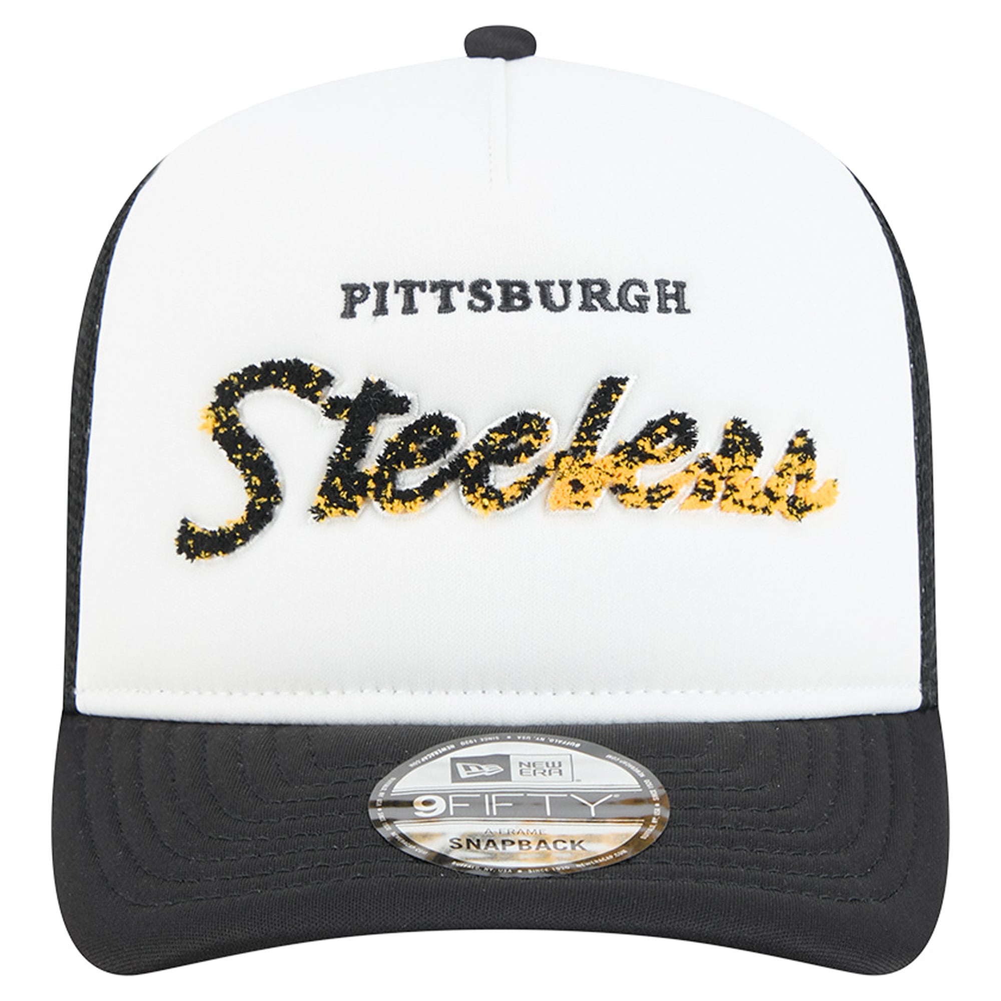 Casquette trucker New Era 9FIFTY Snapback blanche et noire Pittsburgh Steelers pour homme