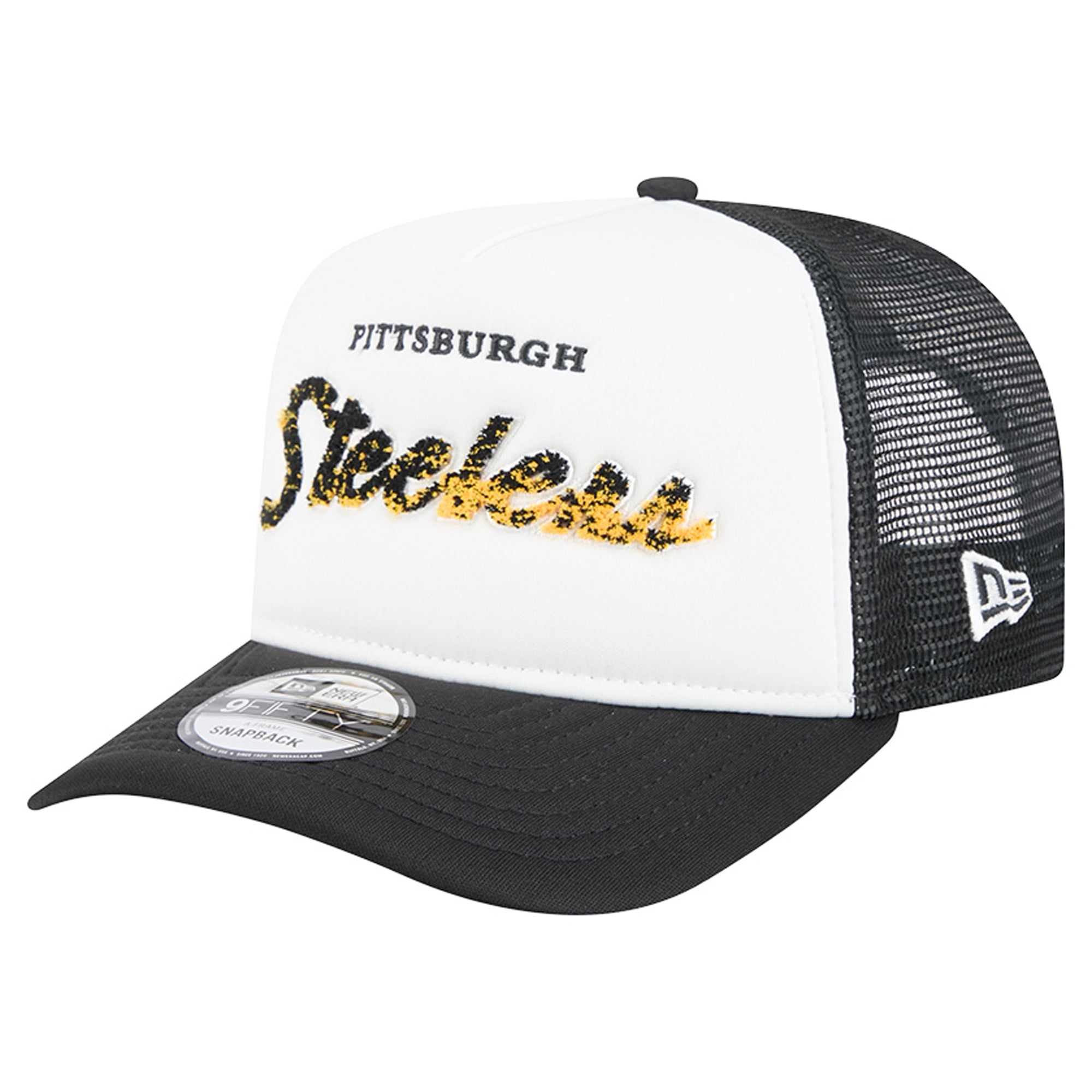 Casquette trucker New Era 9FIFTY Snapback blanche et noire Pittsburgh Steelers pour homme