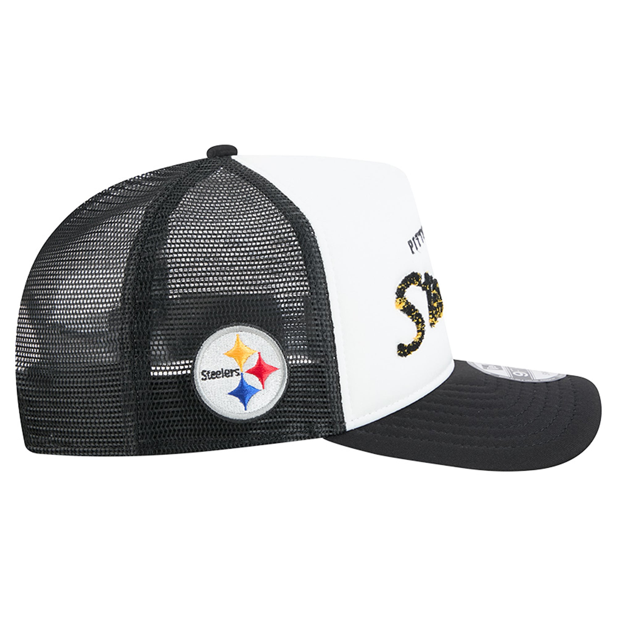 Casquette trucker New Era 9FIFTY Snapback blanche et noire Pittsburgh Steelers pour homme