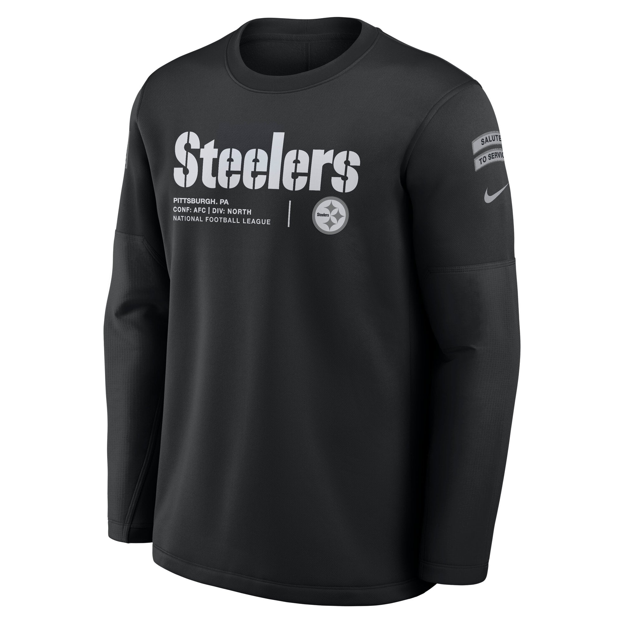 Sweat-shirt Nike noir Pittsburgh Steelers 2026 Salute to Service Sideline Coaches à col rond et coupe Therma-FIT pour homme