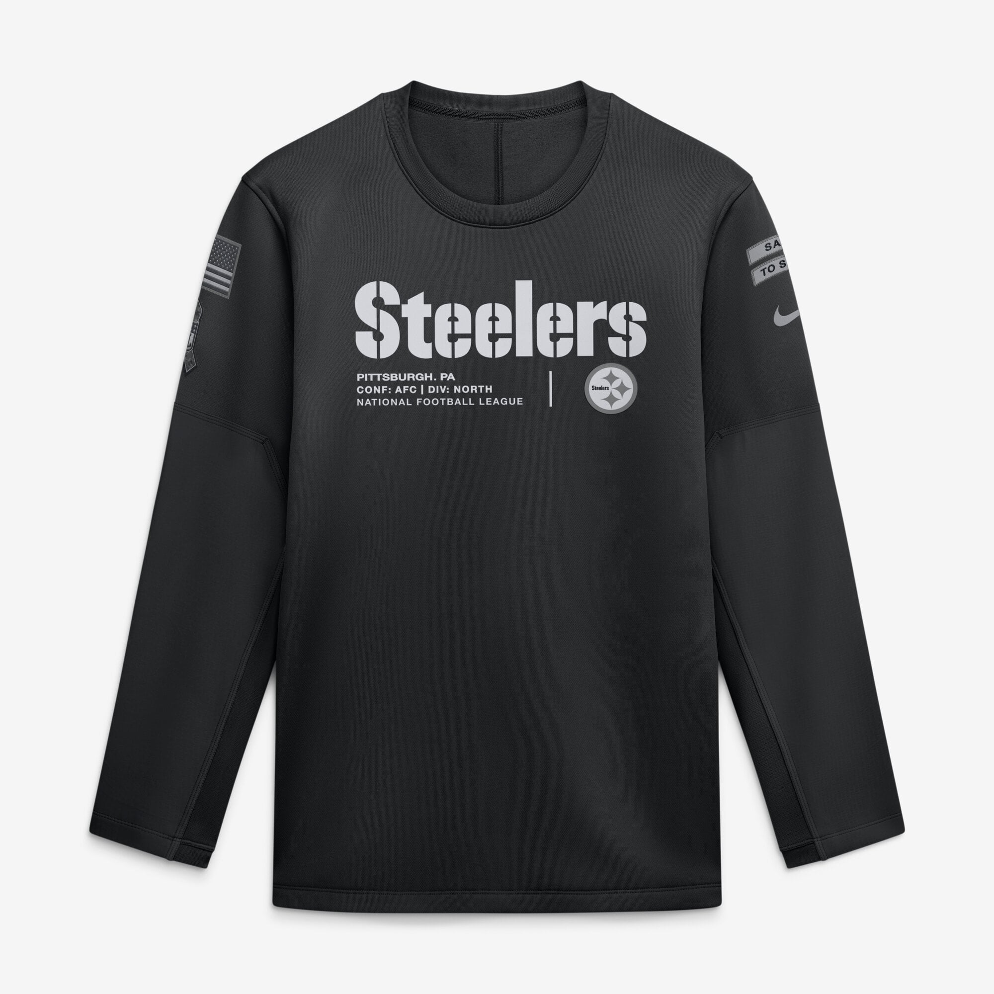 Sweat-shirt Nike noir Pittsburgh Steelers 2026 Salute to Service Sideline Coaches à col rond et coupe Therma-FIT pour homme