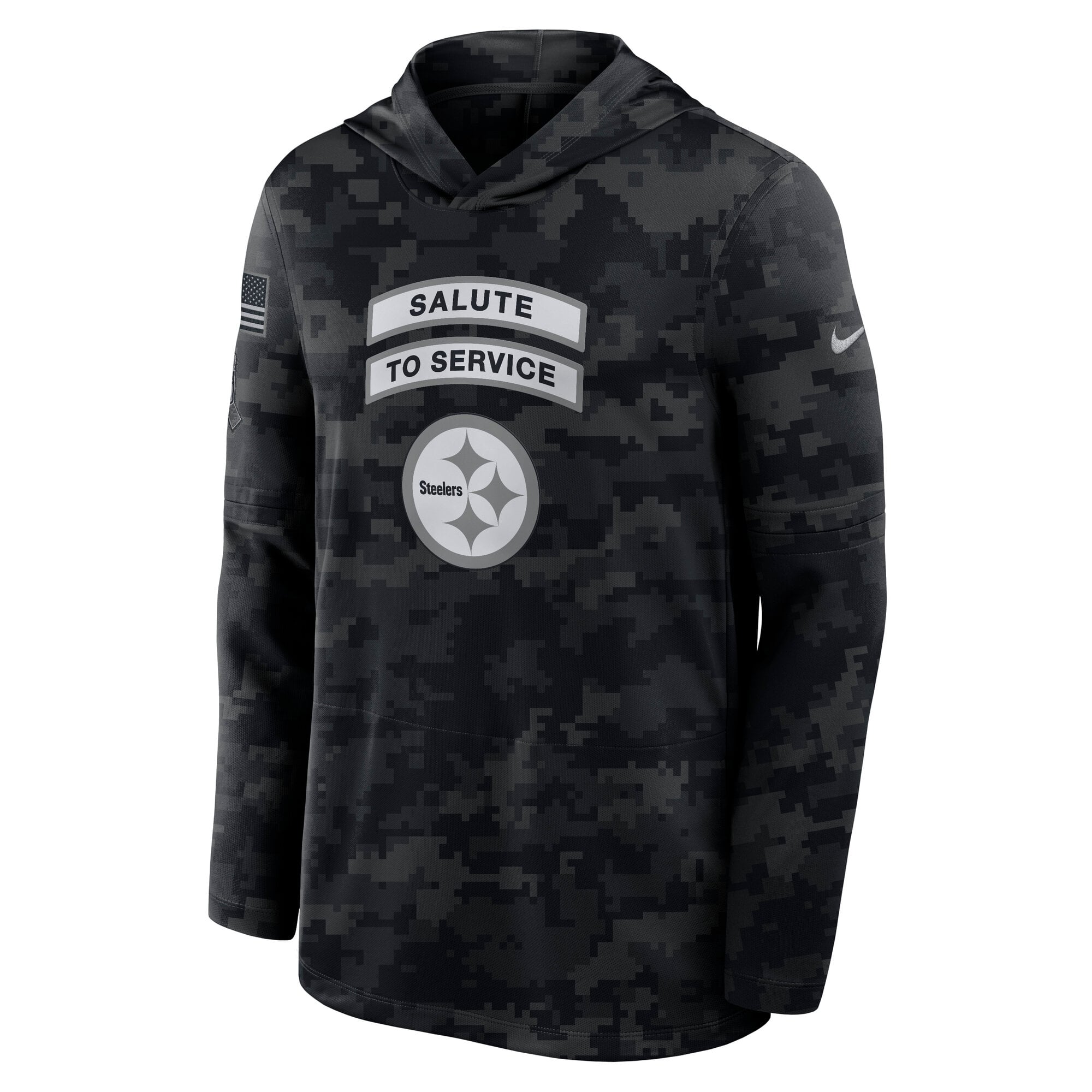 T-shirt à manches longues Nike Pittsburgh Steelers 2026 Salute to Service Sideline, noir, léger, capuche et technologie Dri-FIT, pour homme.