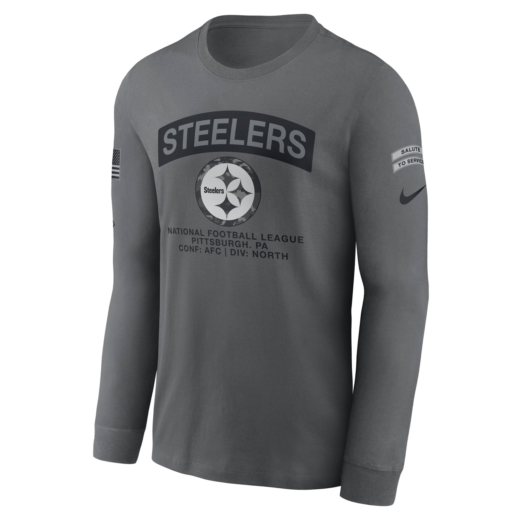 T-shirt à manches longues Nike gris Pittsburgh Steelers 2026 Salute to Service pour homme