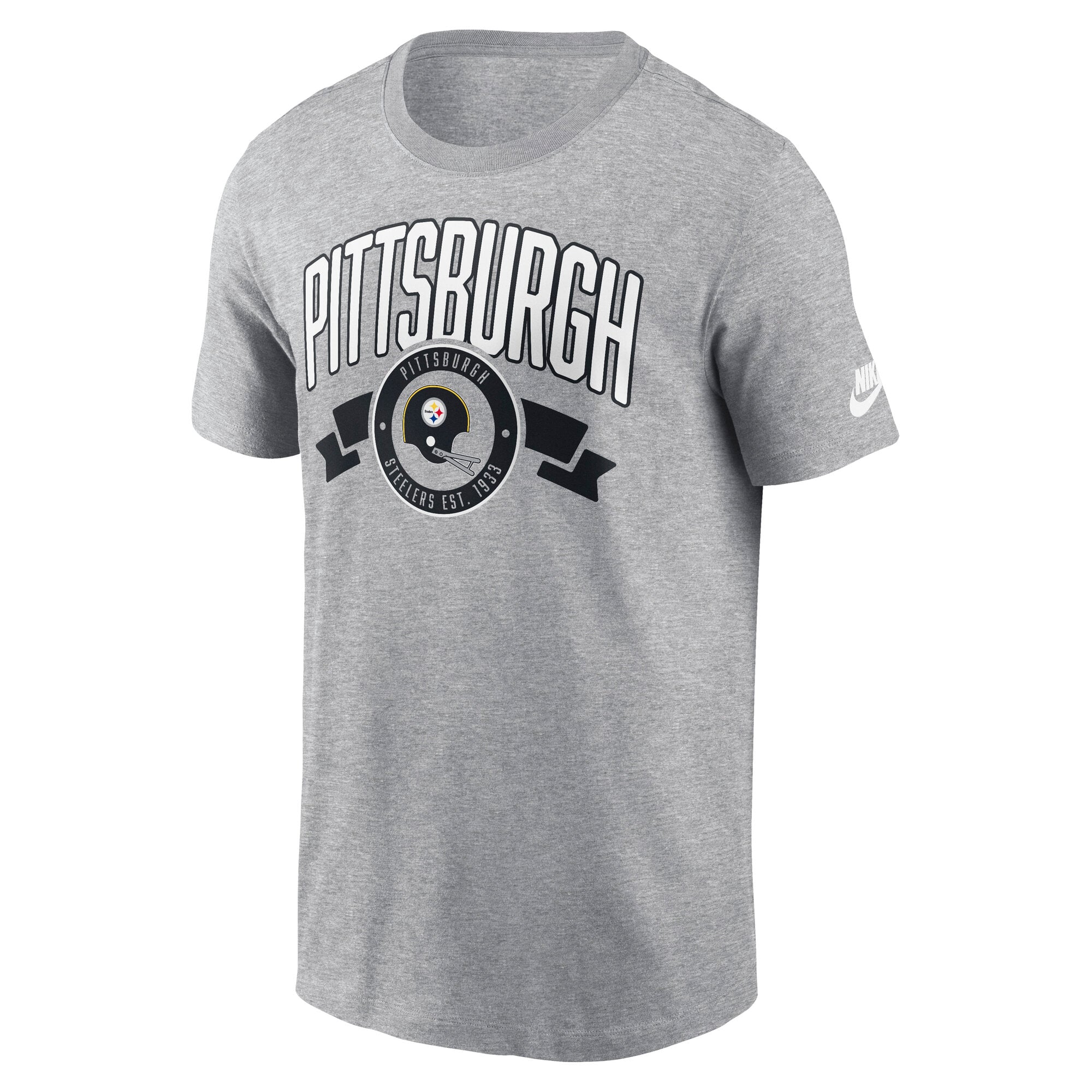 T-shirt Nike pour homme, gris chiné, Pittsburgh Steelers, imprimé Rewind à l'avant et l'arrière.